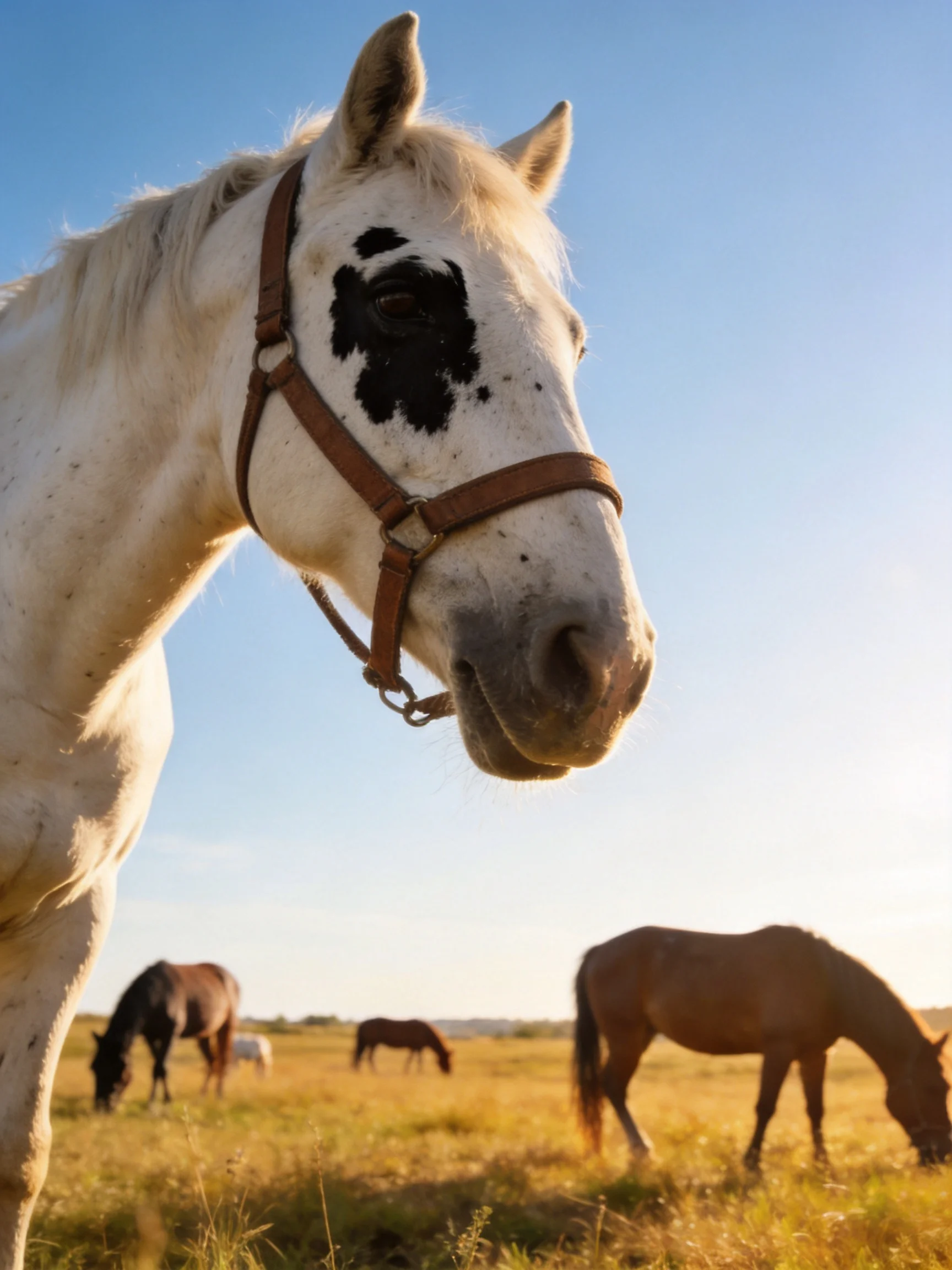 A white spotted horse stands near horses grazing in a sunny field.