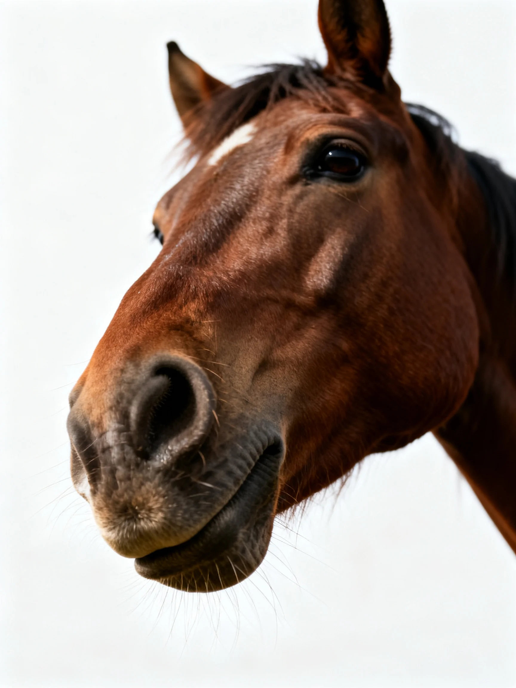 A close - up portrait of a chestnut horse with a white marking