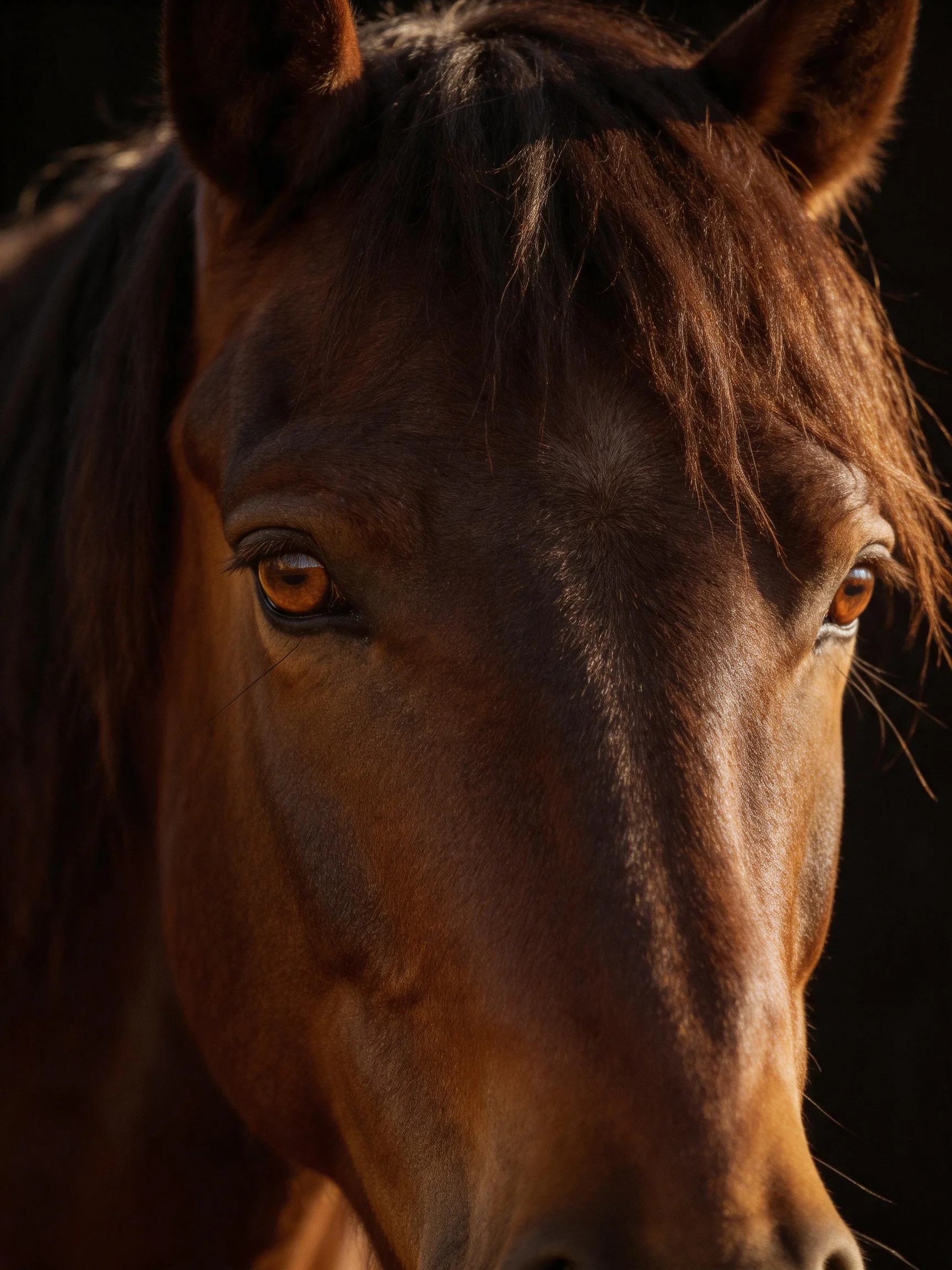 A chestnut horse with amber eyes is shown in a close - up.