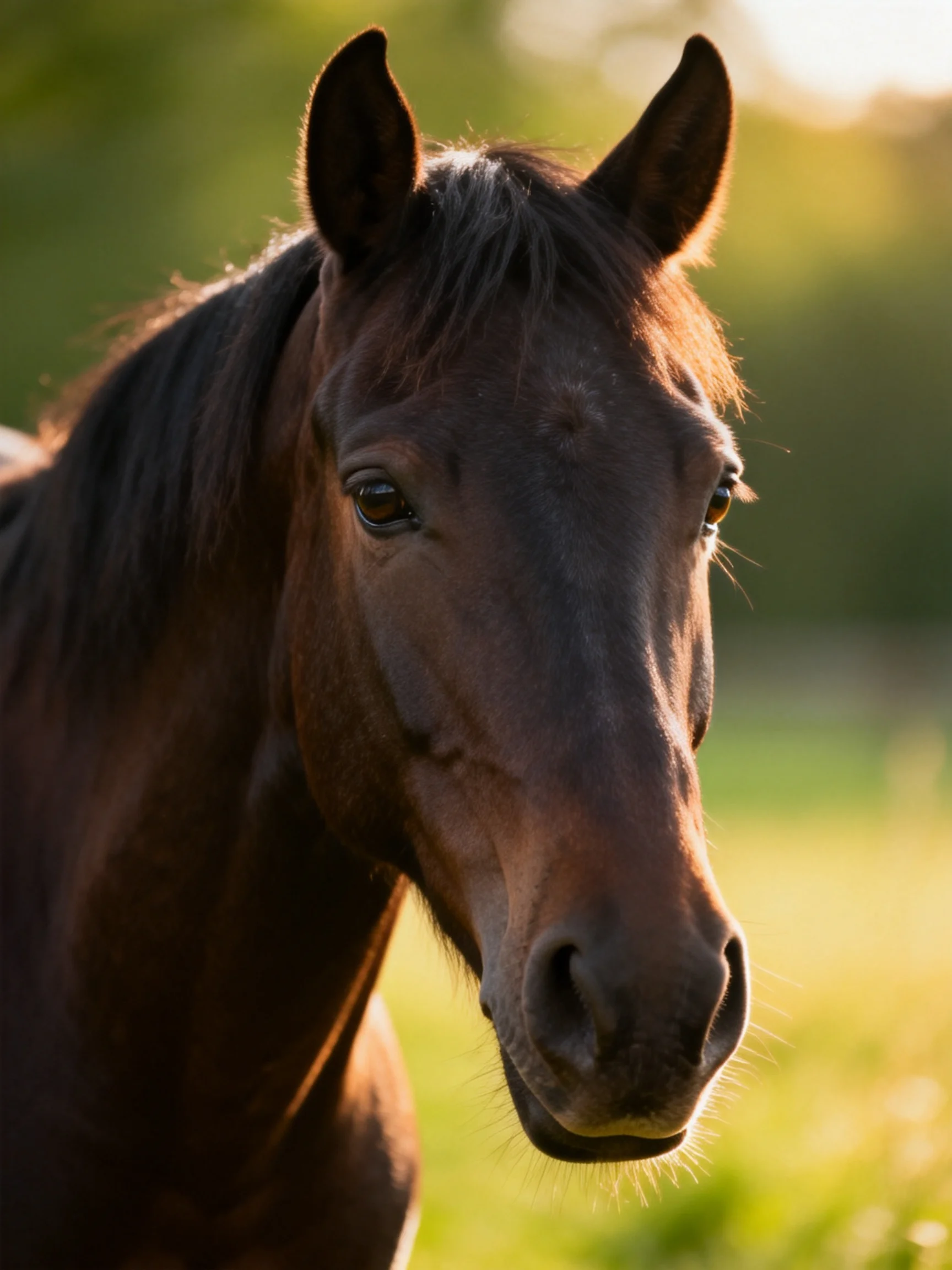 A close - up portrait of a dark brown horse in a sunlit field