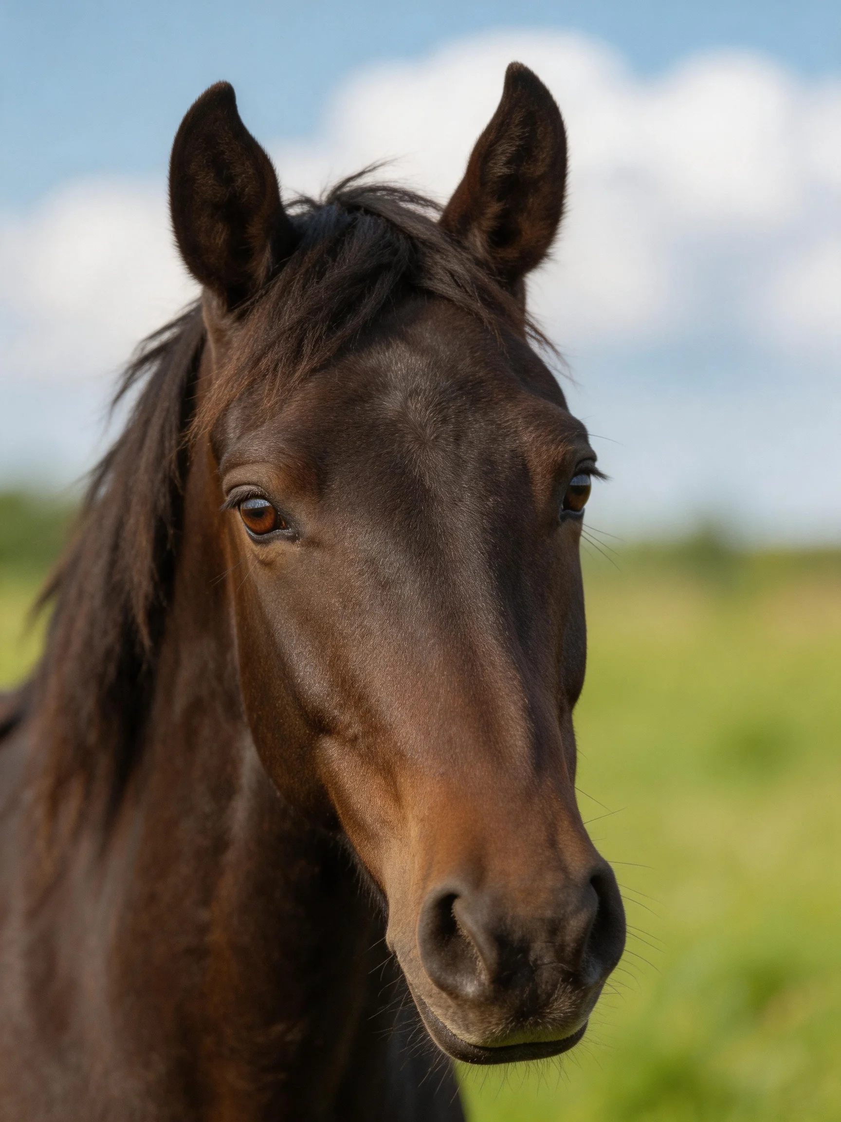 A close - up portrait of a dark brown horse in an open field