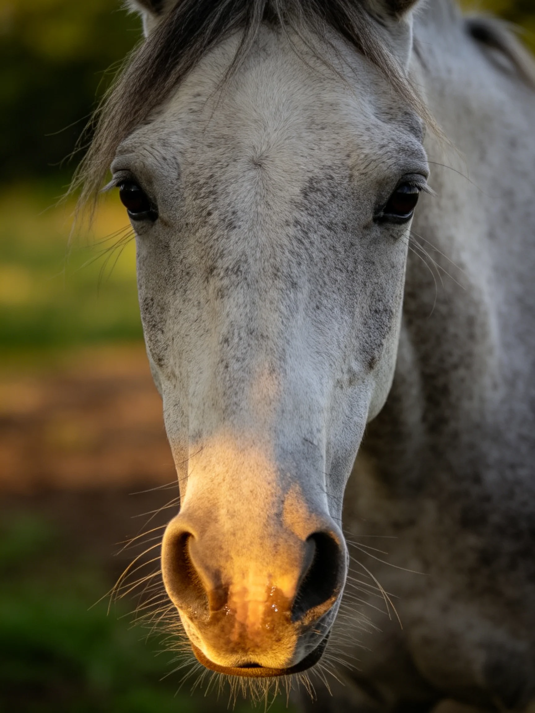 A close - up portrait of a gray horse with golden sunlight illumination