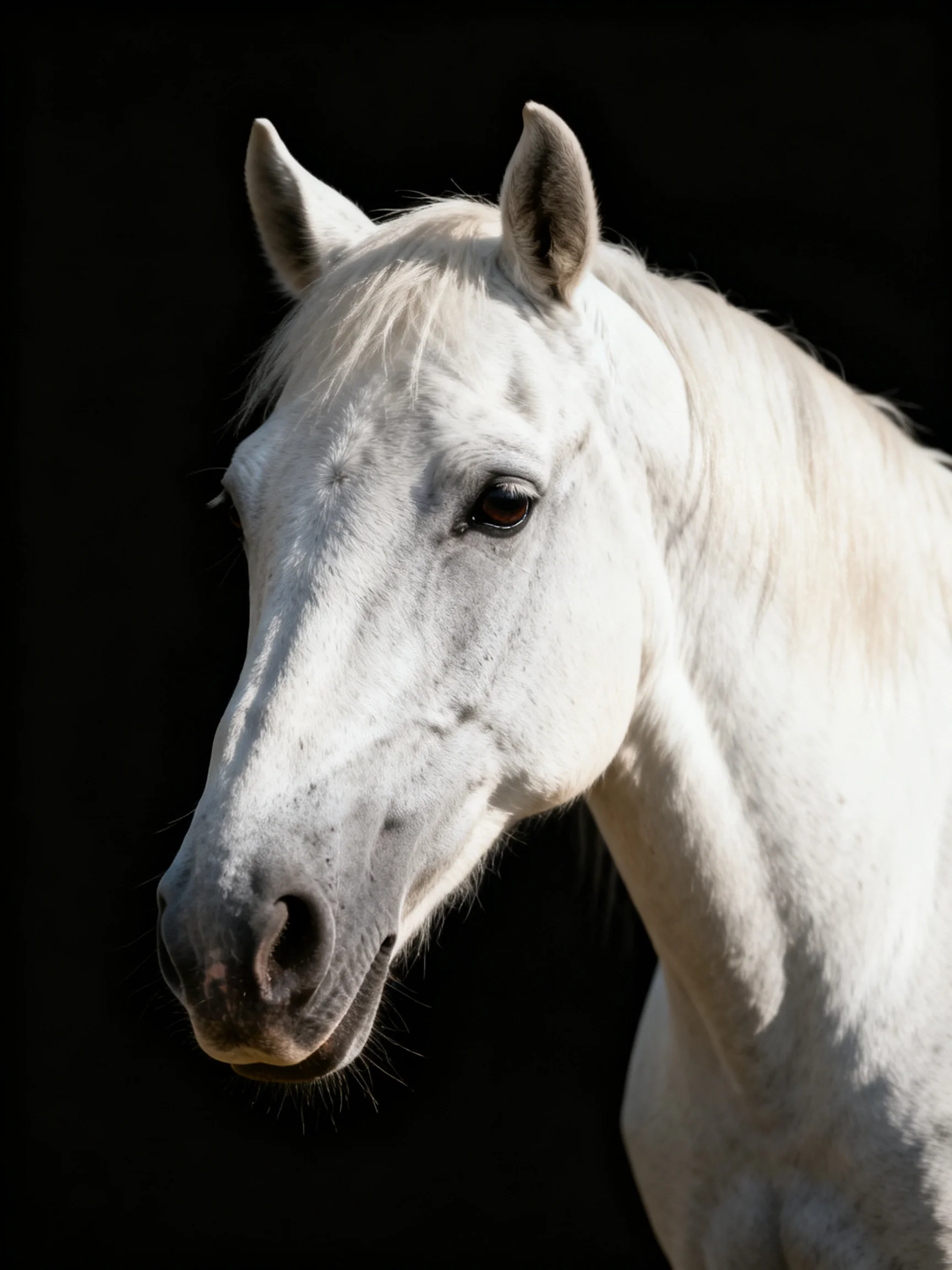 A close - up portrait of a white horse with a black background