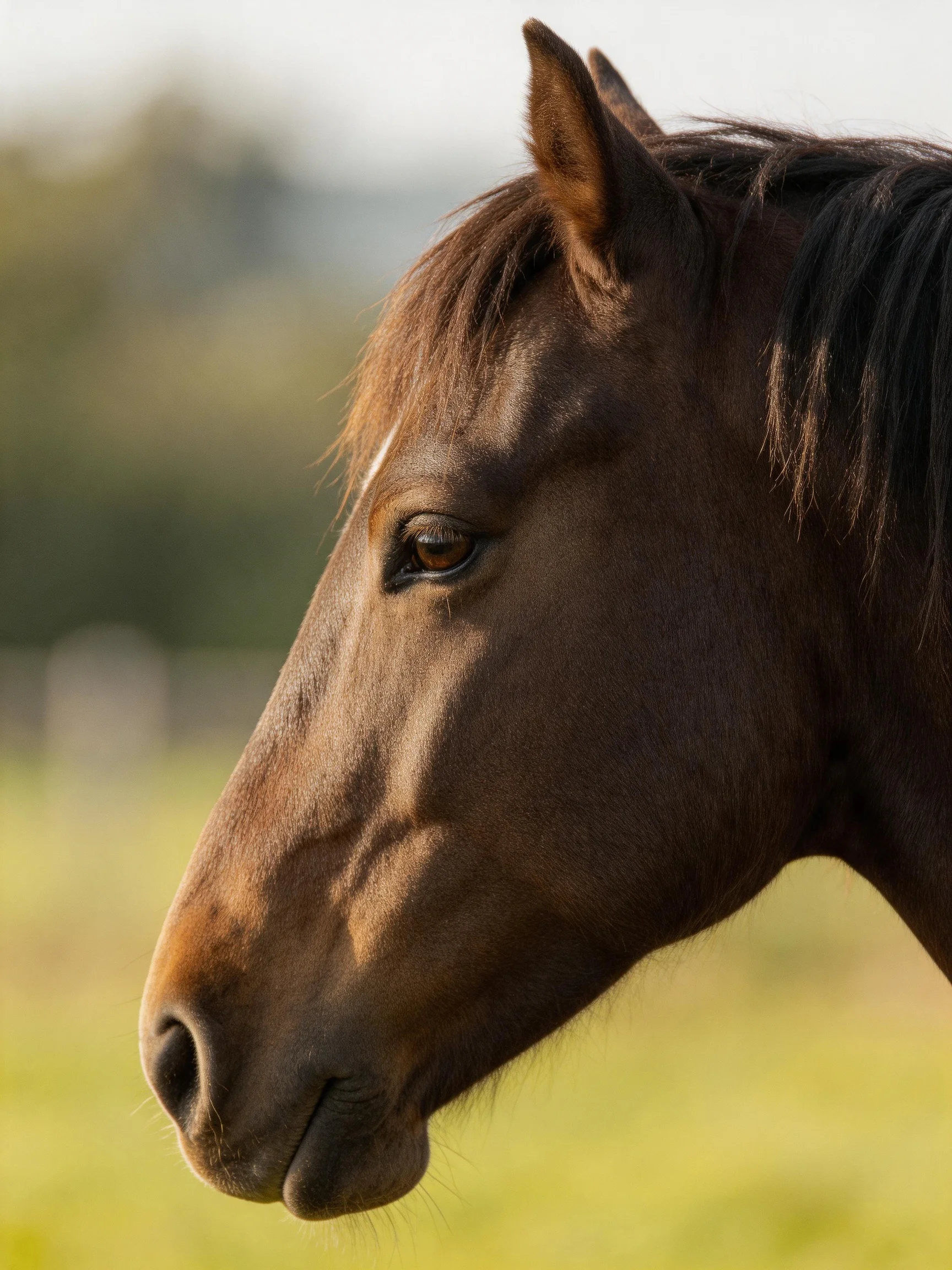 A close - up profile of a chestnut horse in a sunlit field