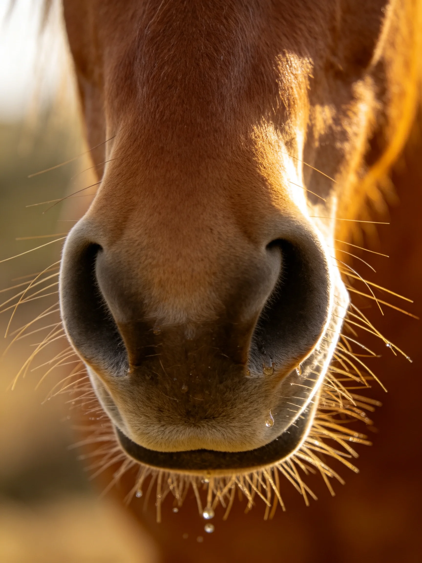 A close - up reveals a chestnut horses nose with prominent whiskers.