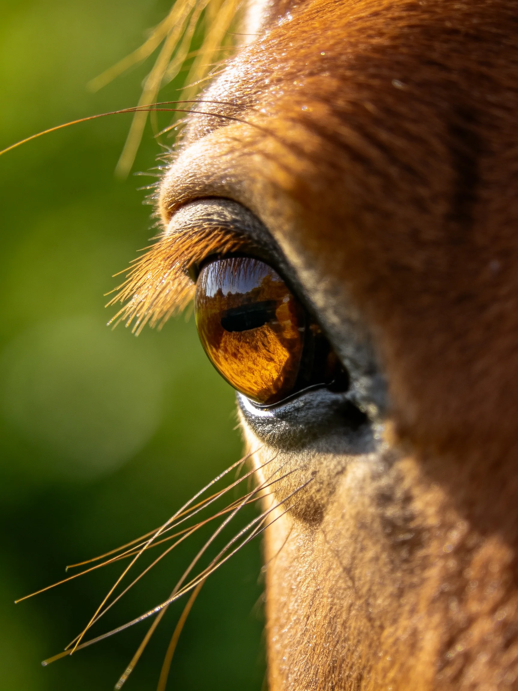 A close - up reveals a horse’s amber eye alongside textured skin and whiskers