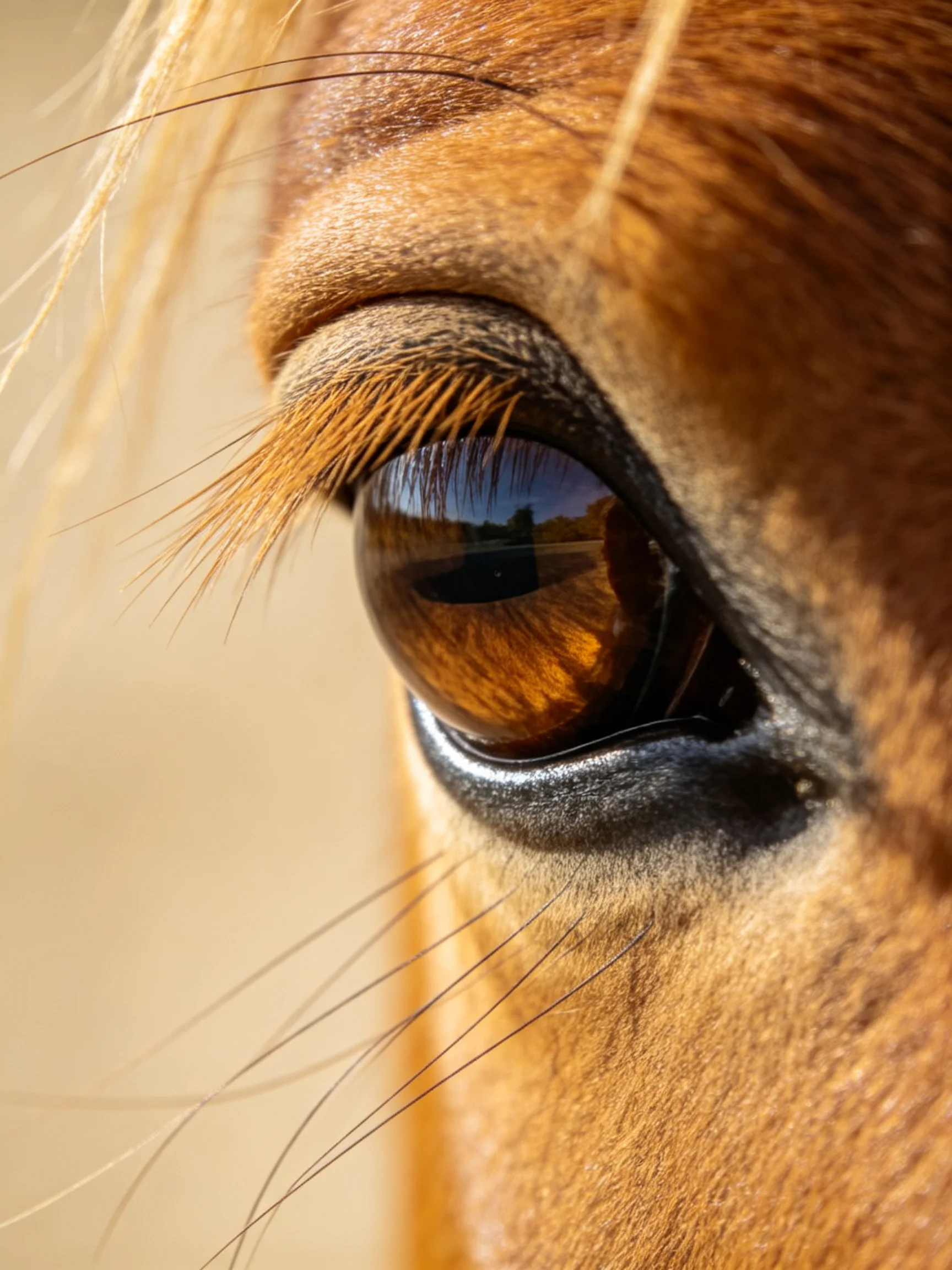 A close - up shows a horse’s amber eye with textured skin and whiskers