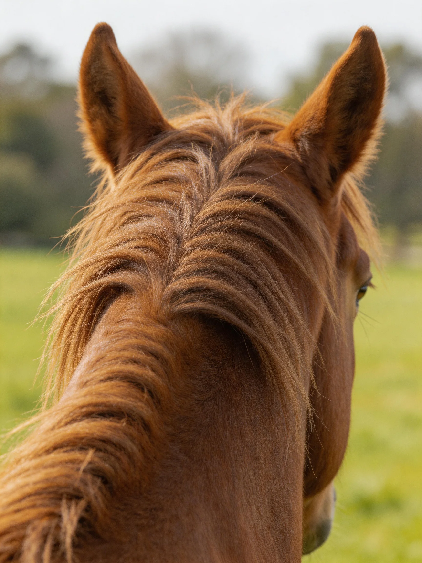 A close - up view of a chestnut horse’s mane and ears in an open field