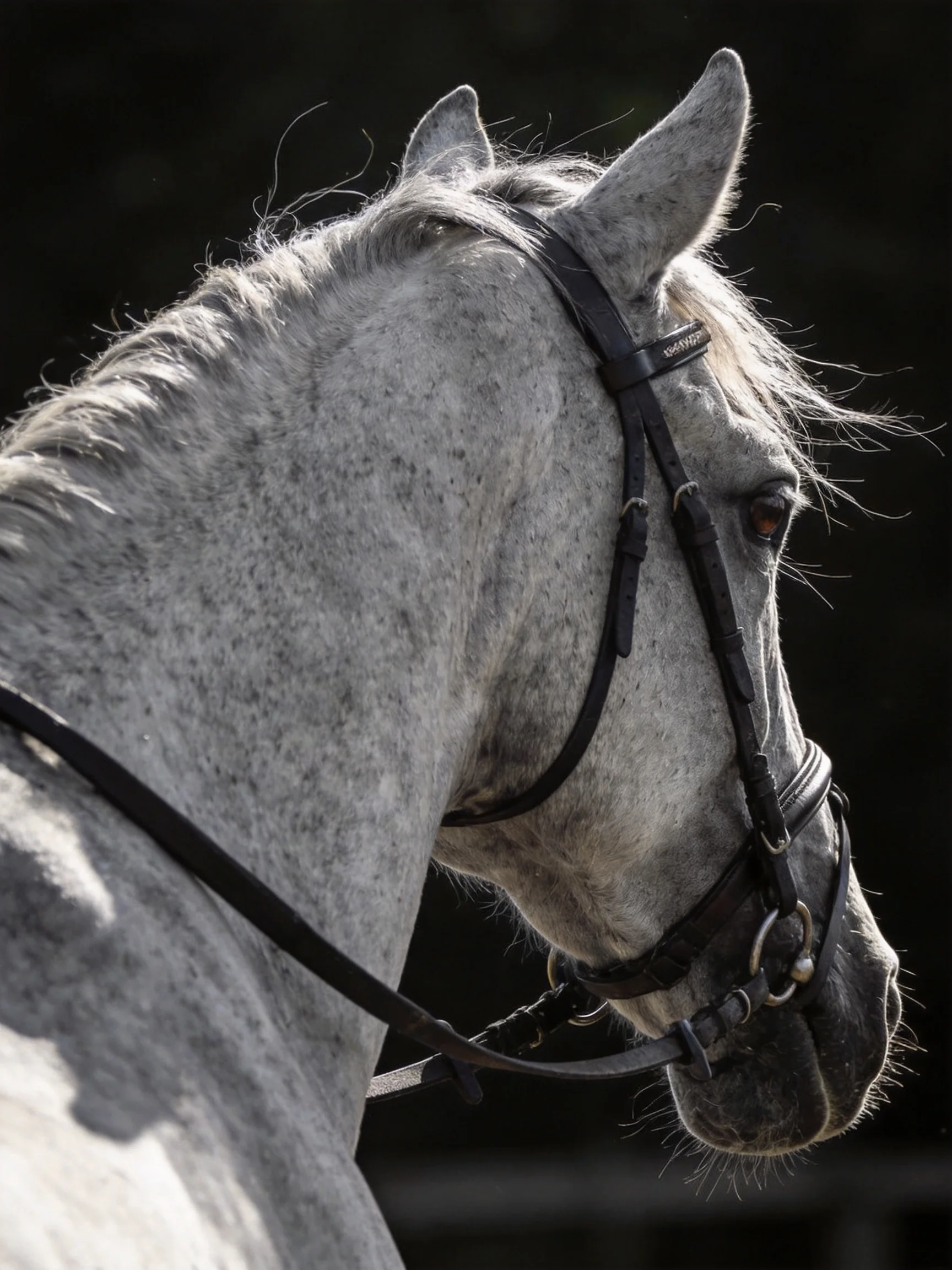 A close - up view of a gray speckled horse wearing a black bridle