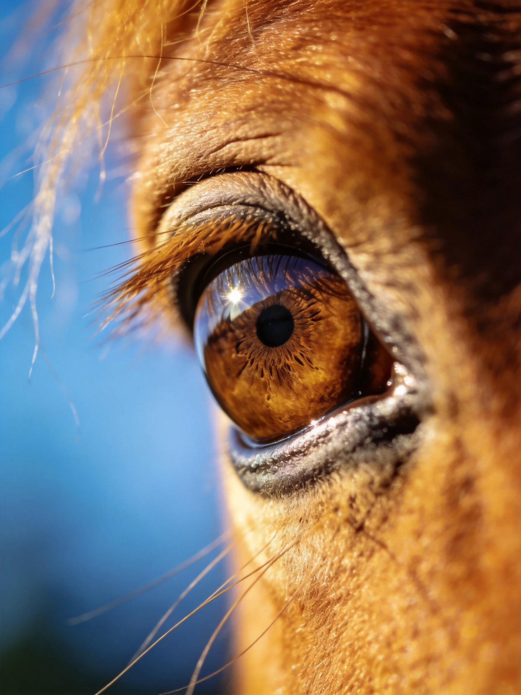 A close - up view of a horse’s amber eye with textured skin and long eyelashes