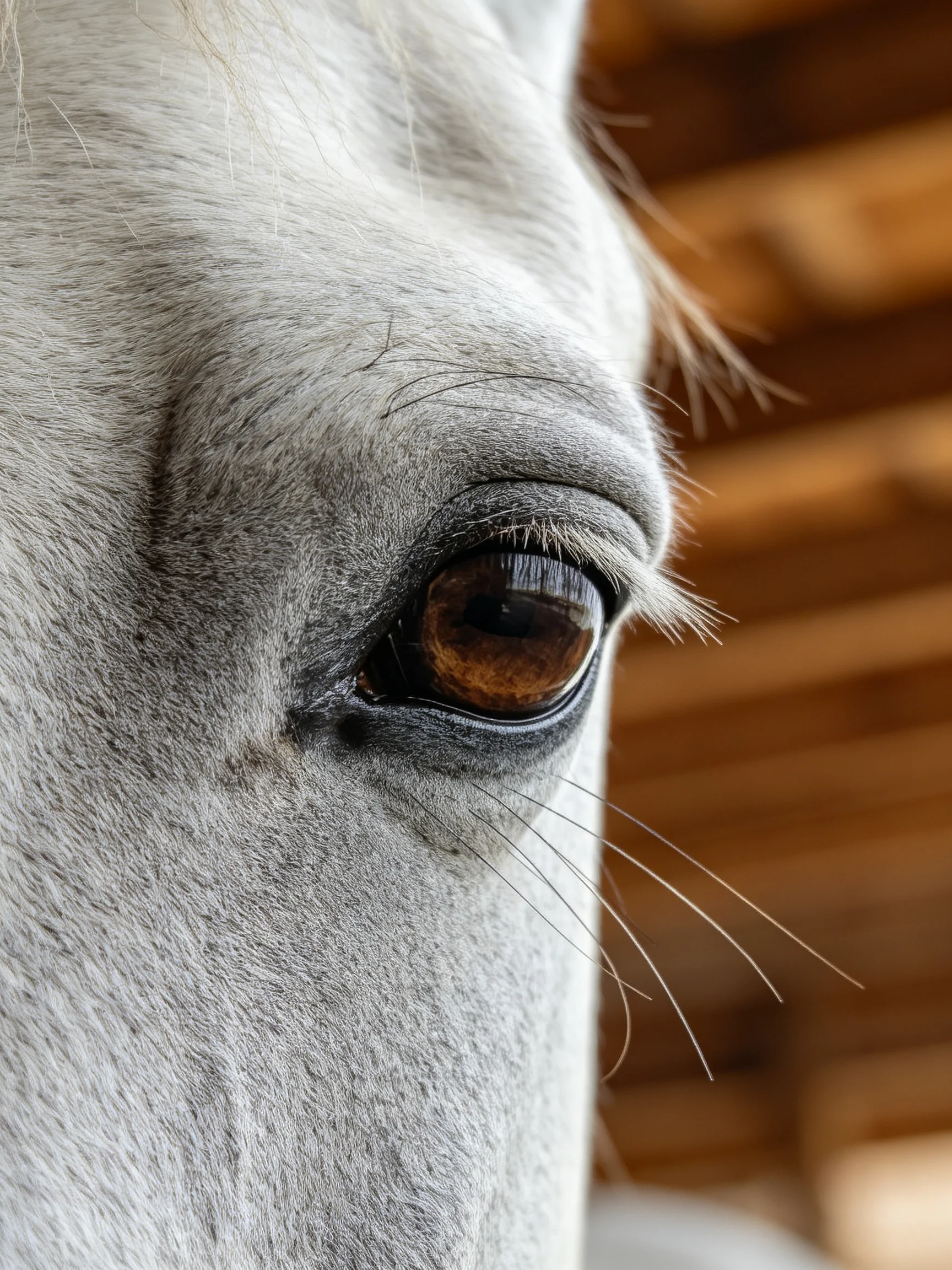 A close - up view of a white horse’s detailed eye with brown iris