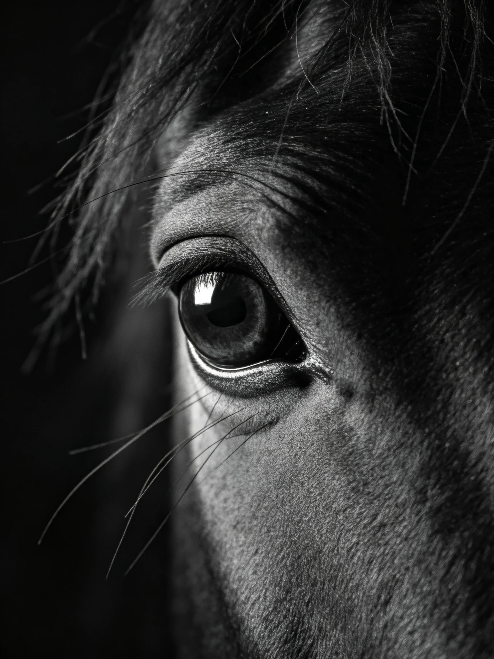 A close-up captures a horse’s expressive eye in black-and-white detail