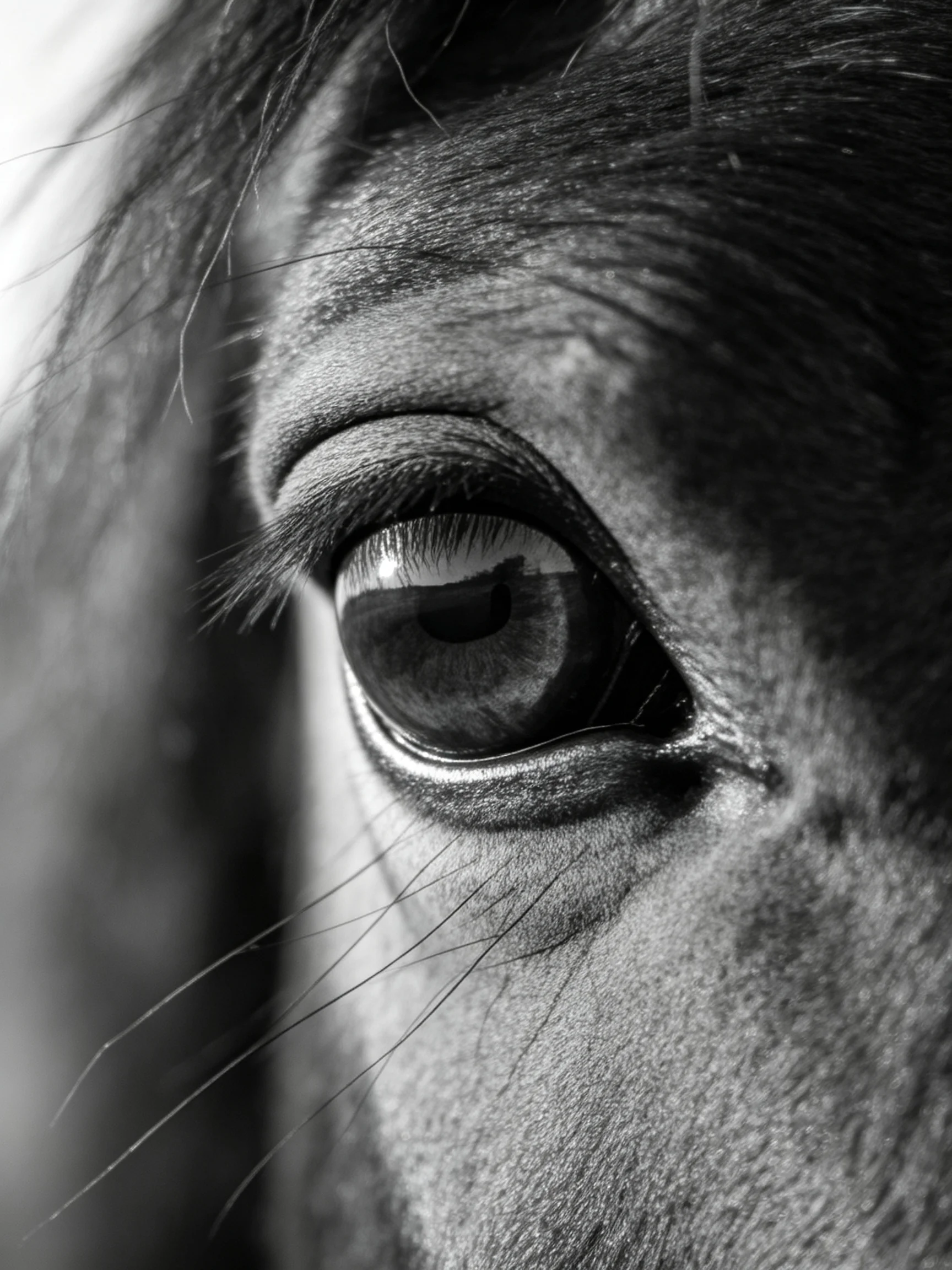 A close-up captures a horses expressive eye in black-and-white detail