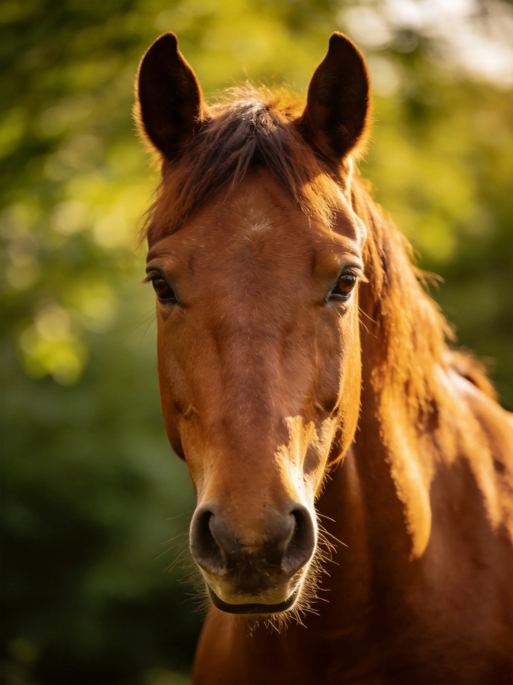 A close-up of a chestnut horse with a blurred green backdrop