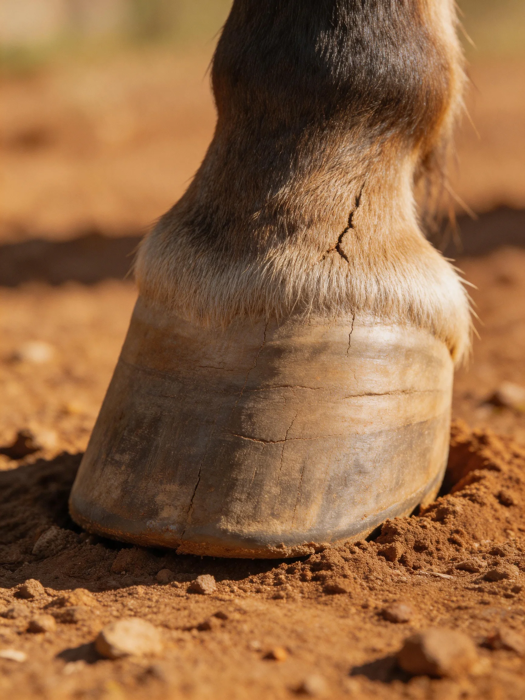 A close-up of a weathered horse hoof on reddish-brown soil