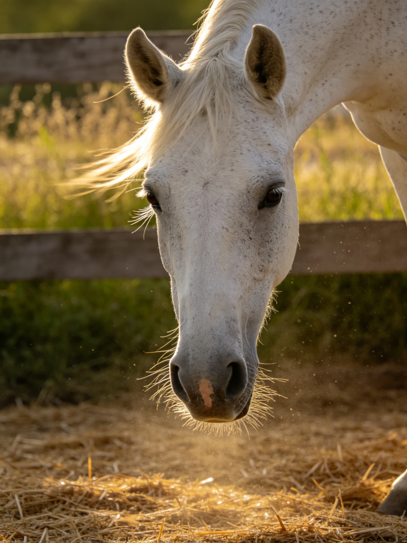 A white horse stands near golden hay with a wooden fence under sunlight.