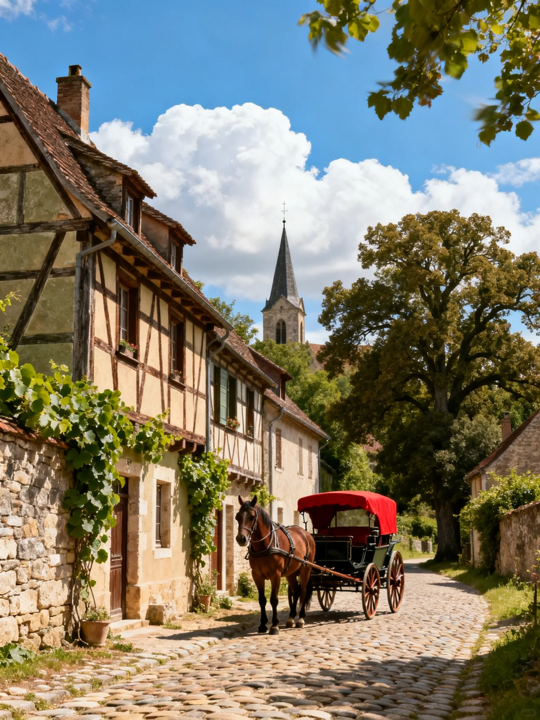 A cobblestone village street with half - timbered homes and a red - covered carriage