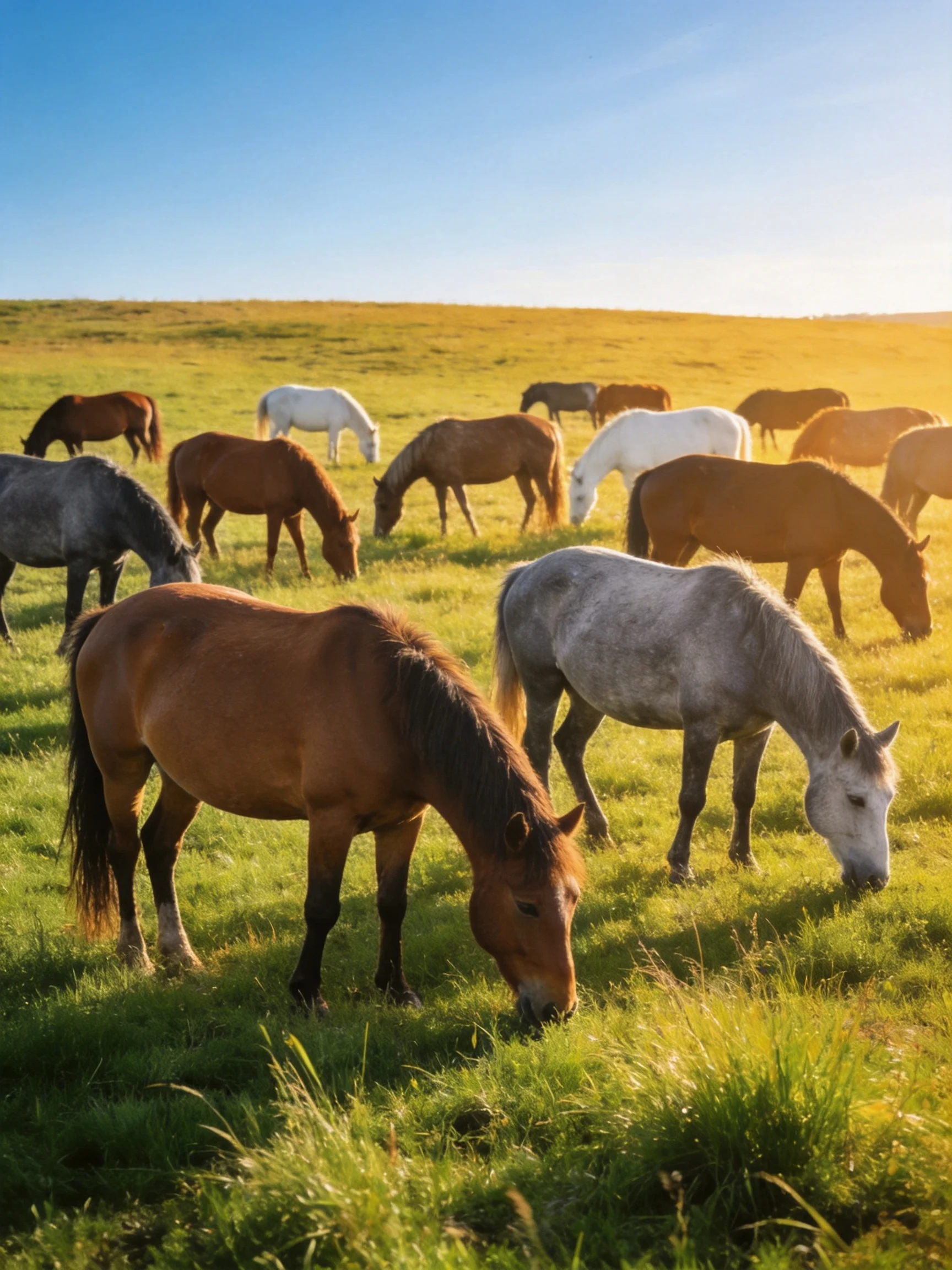 A colorful herd of horses grazing in a sun-drenched green pasture