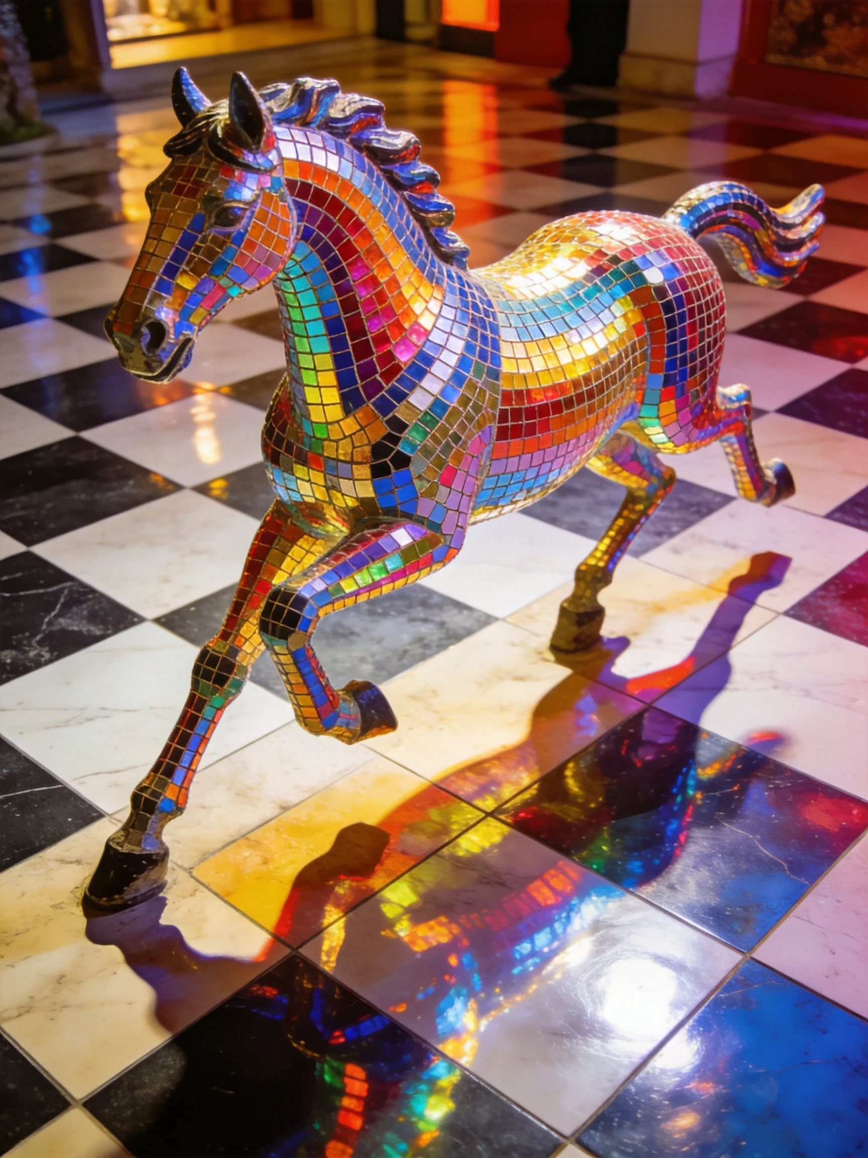 A colorful mosaic horse sculpture with multicolored tiles