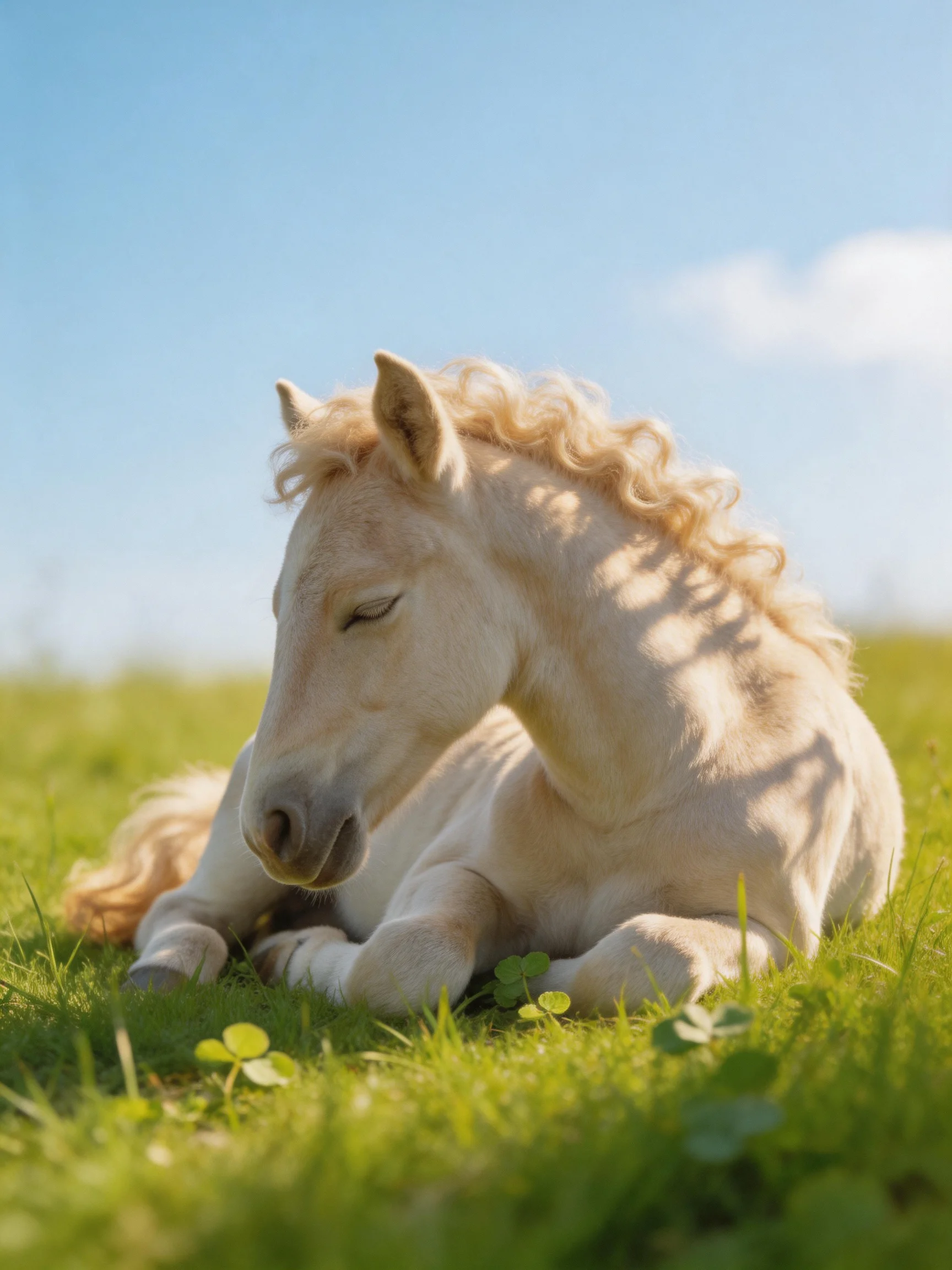 A cream - colored foal rests on lush green grass beneath a clear blue sky