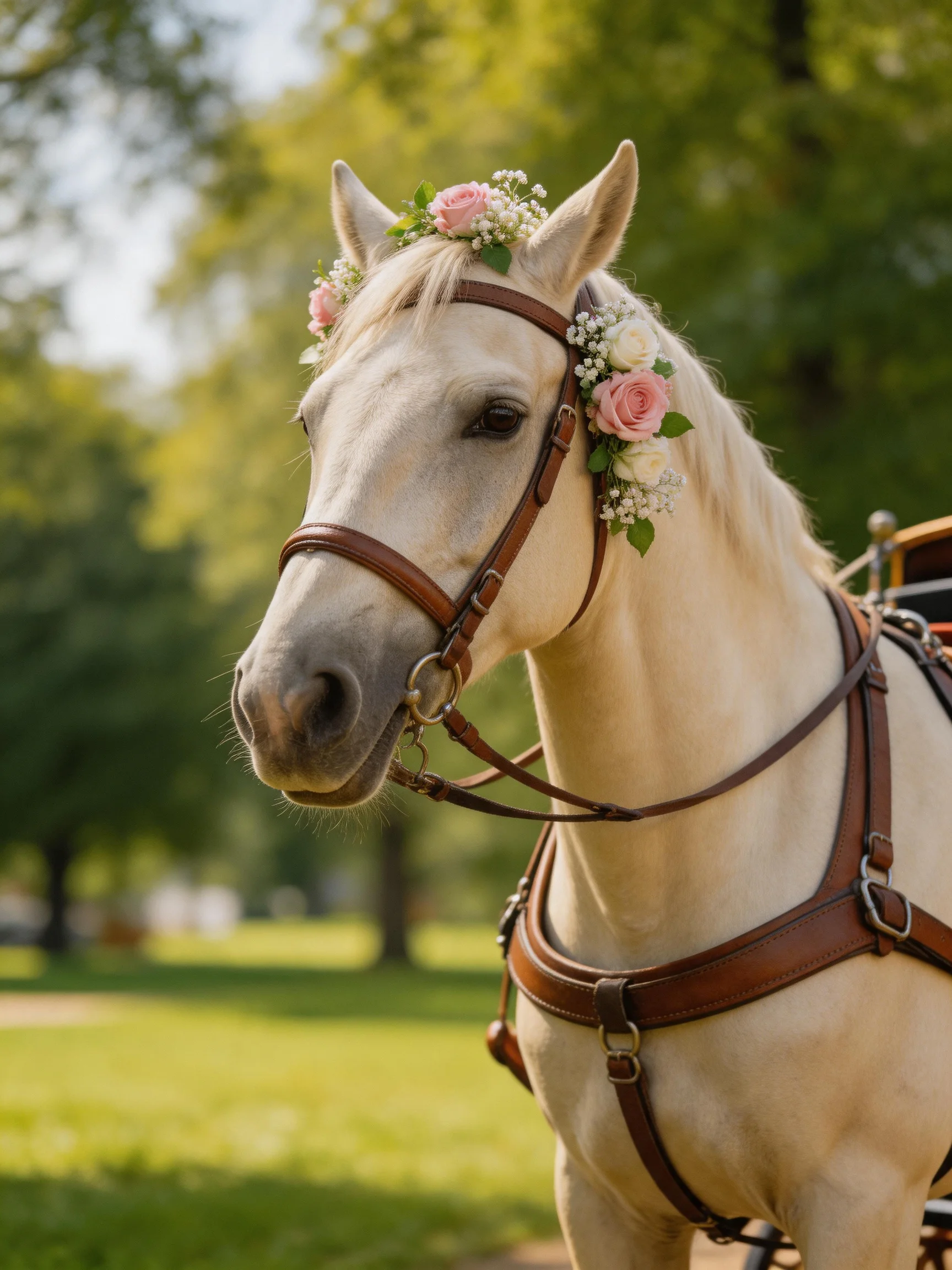 A cream - colored horse adorned with pink roses and brown harness in a lush park