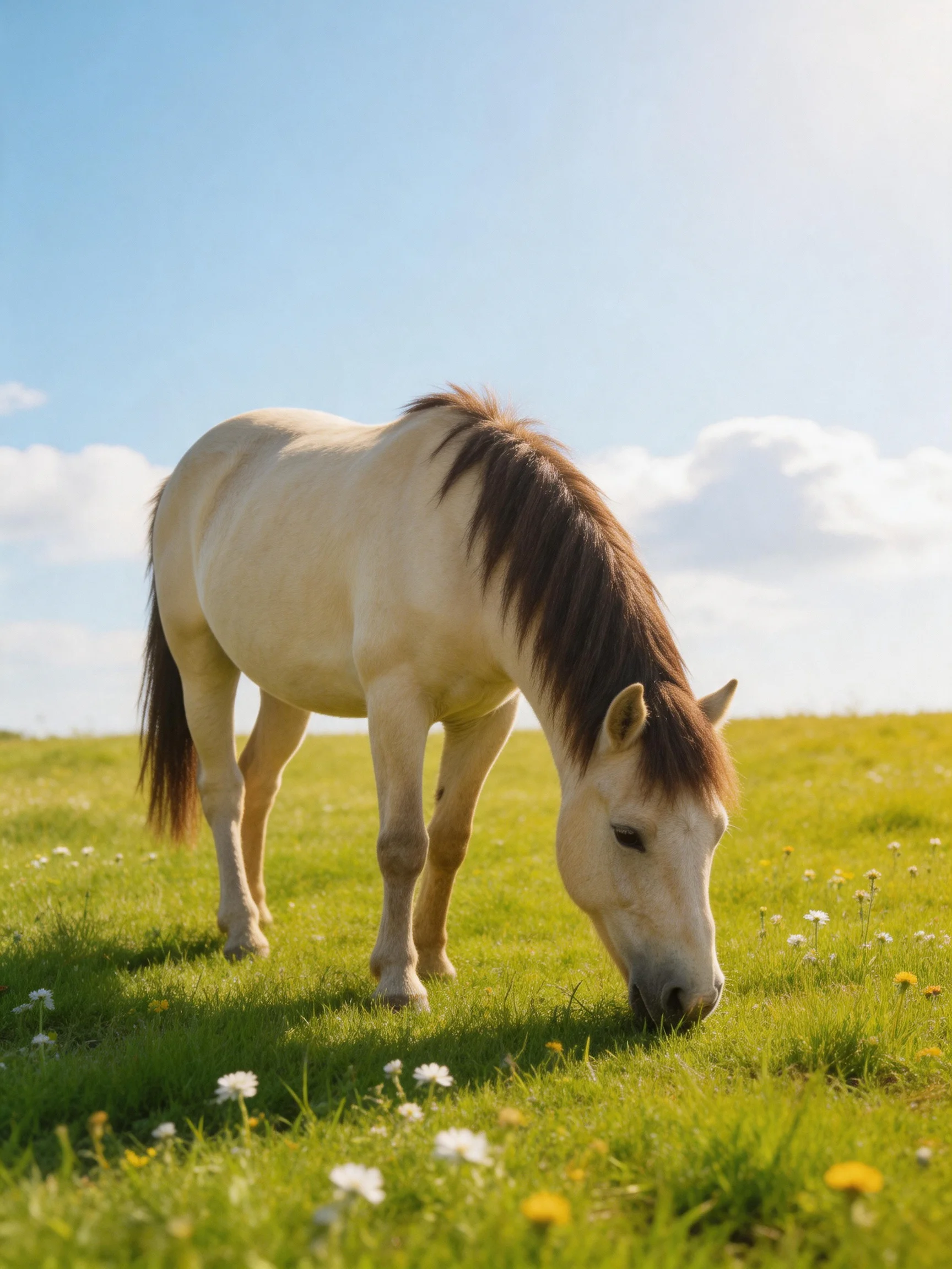 A cream - colored horse grazes in a vibrant green meadow beneath a bright blue sky