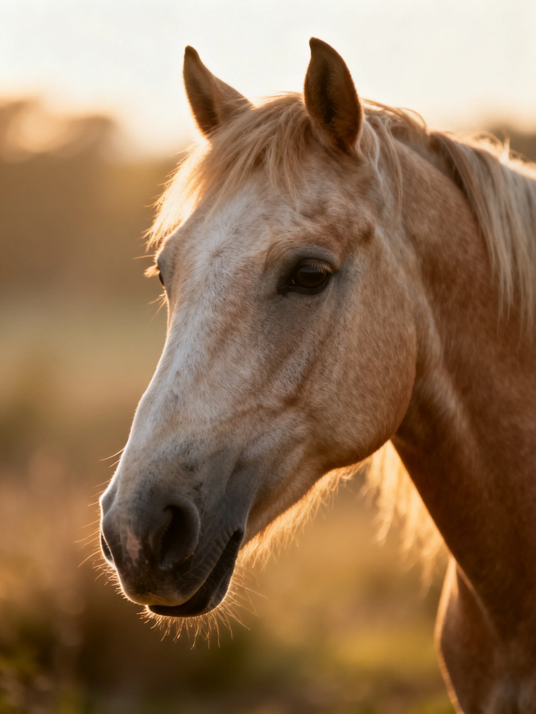 A cream - hued horse bathed in golden sunset light