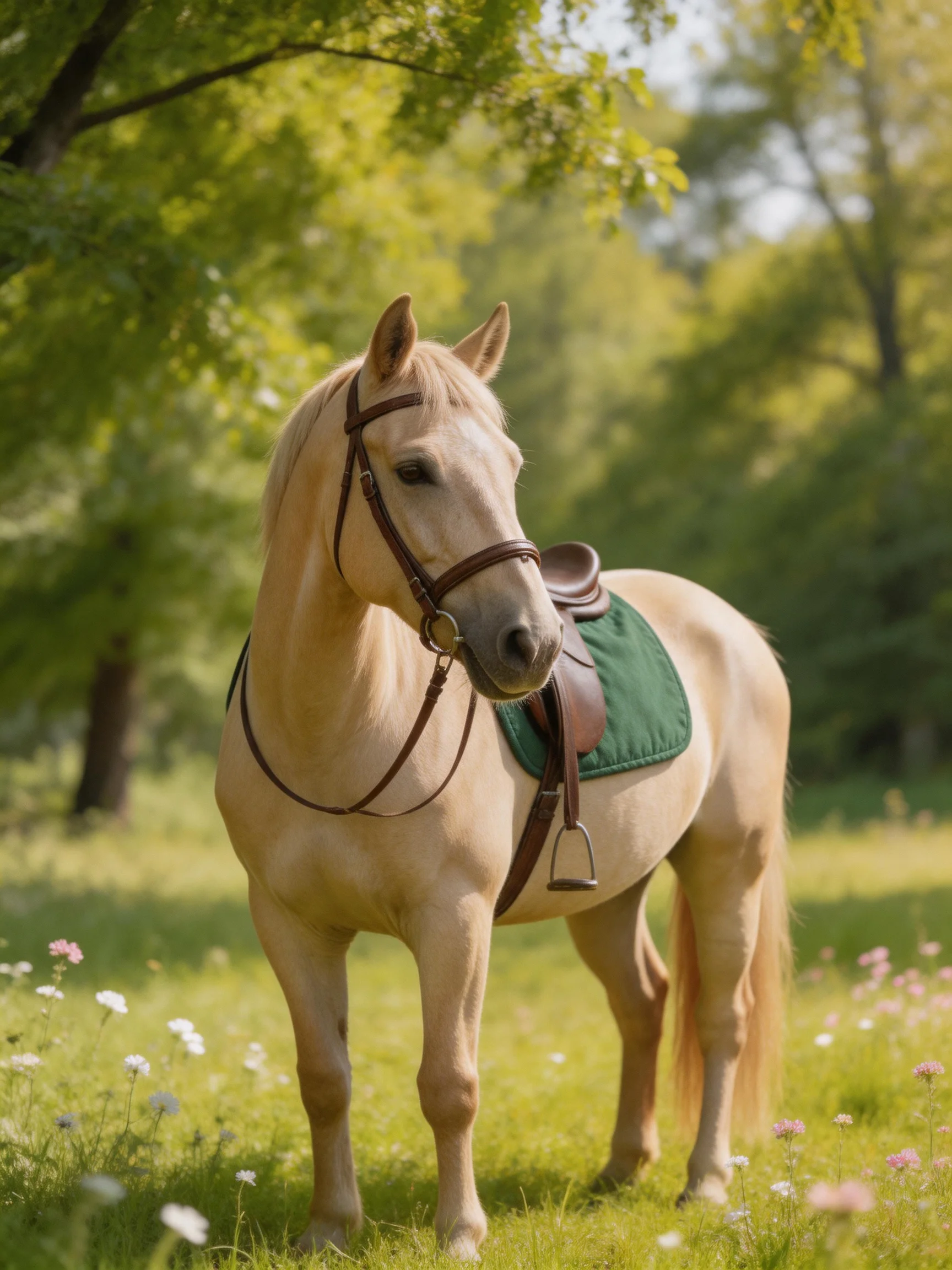 A saddled cream-colored horse stands in a sunlit meadow with wildflowers.