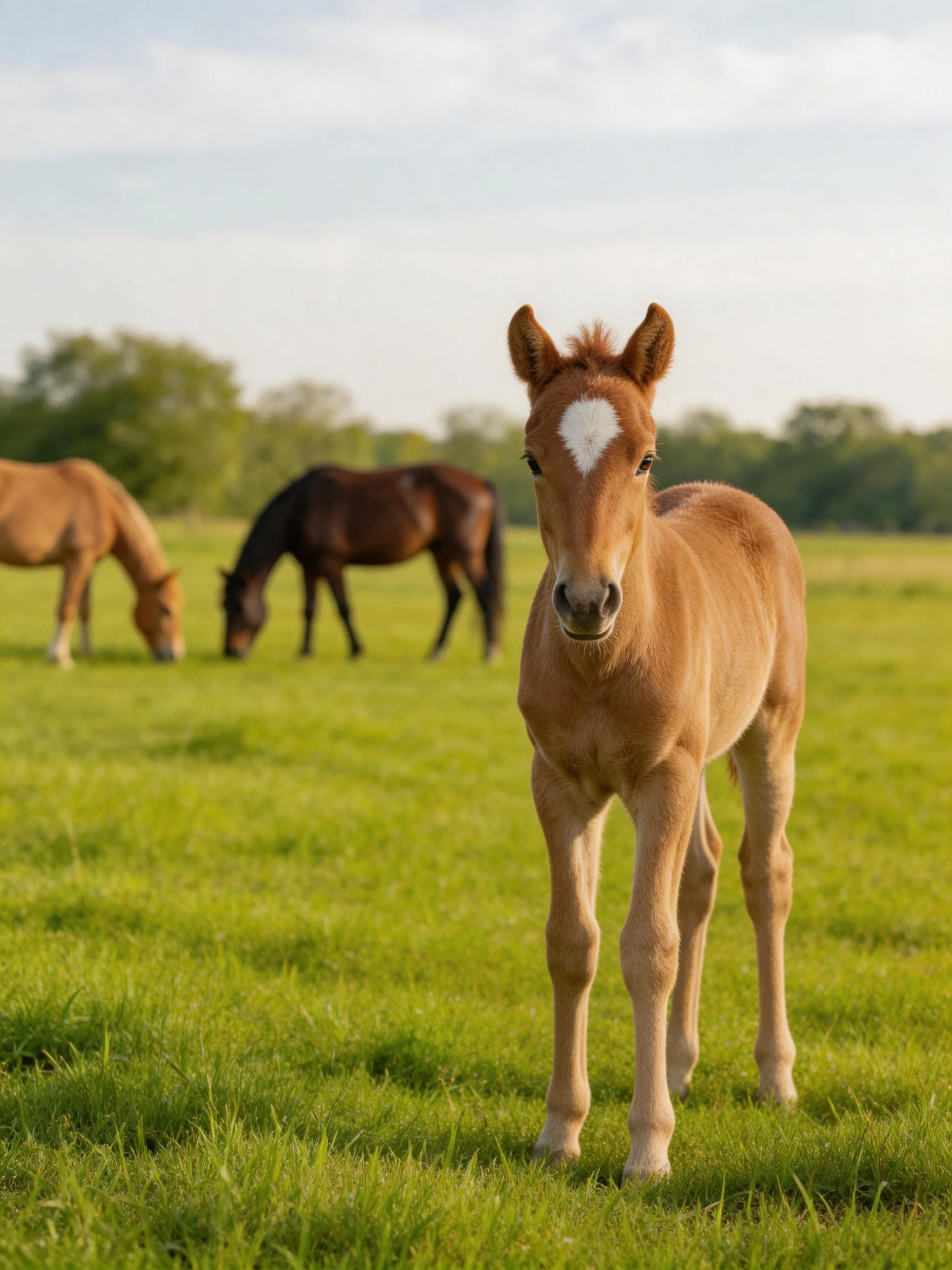 A curious brown foal stands near two grazing horses in a lush meadow