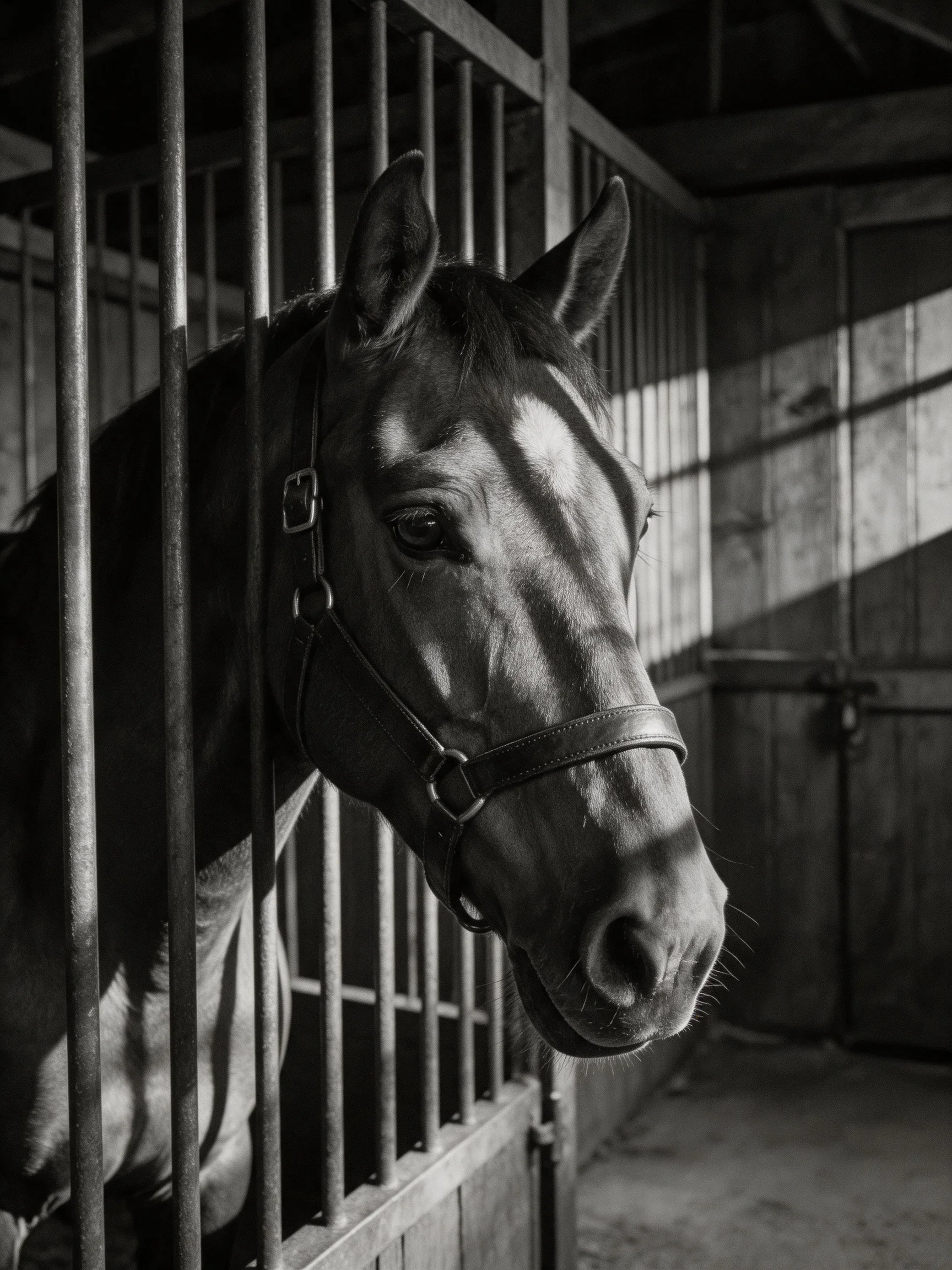 A dark - coated horse peers from a wooden stable stall
