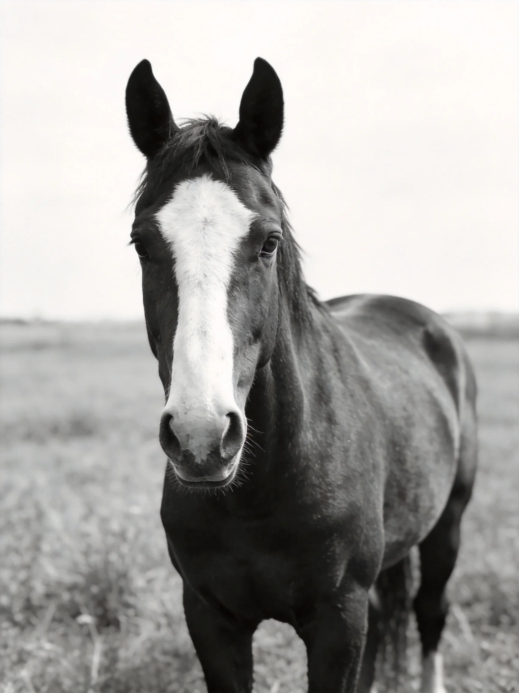 A dark - coated horse with a prominent white blaze stands in an open field