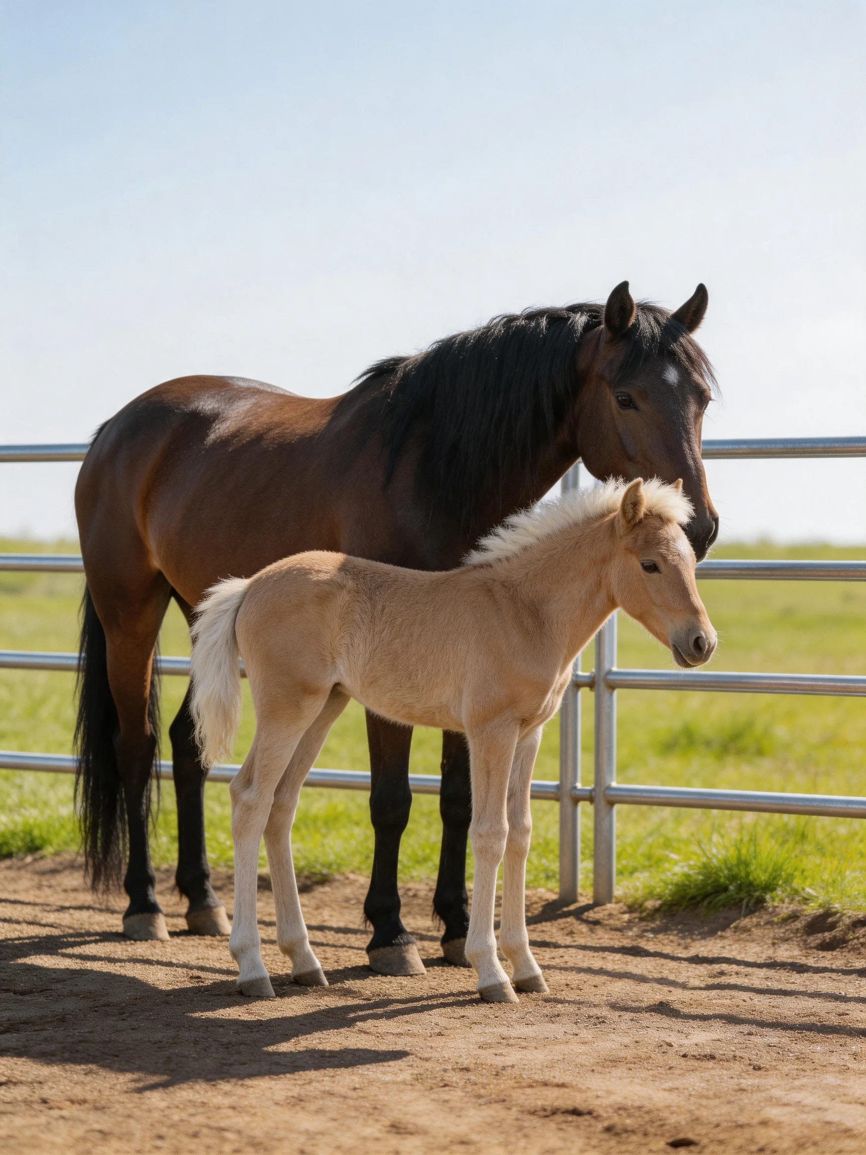 A dark brown horse and a light tan foal near a metal fence