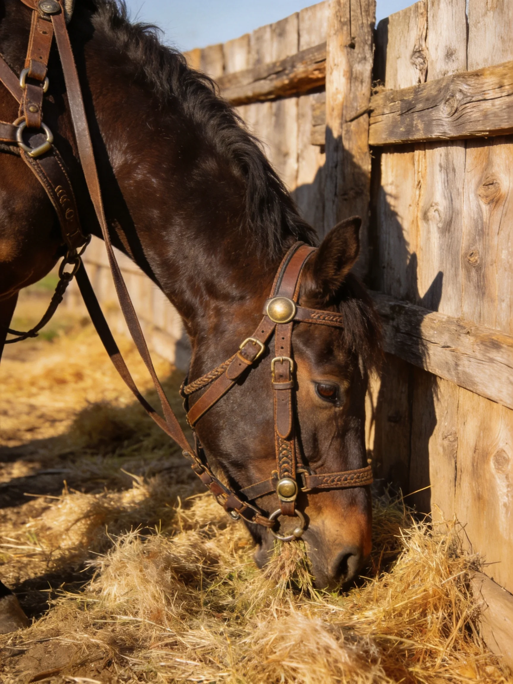 A dark brown horse eating golden hay beside a weathered wooden fence