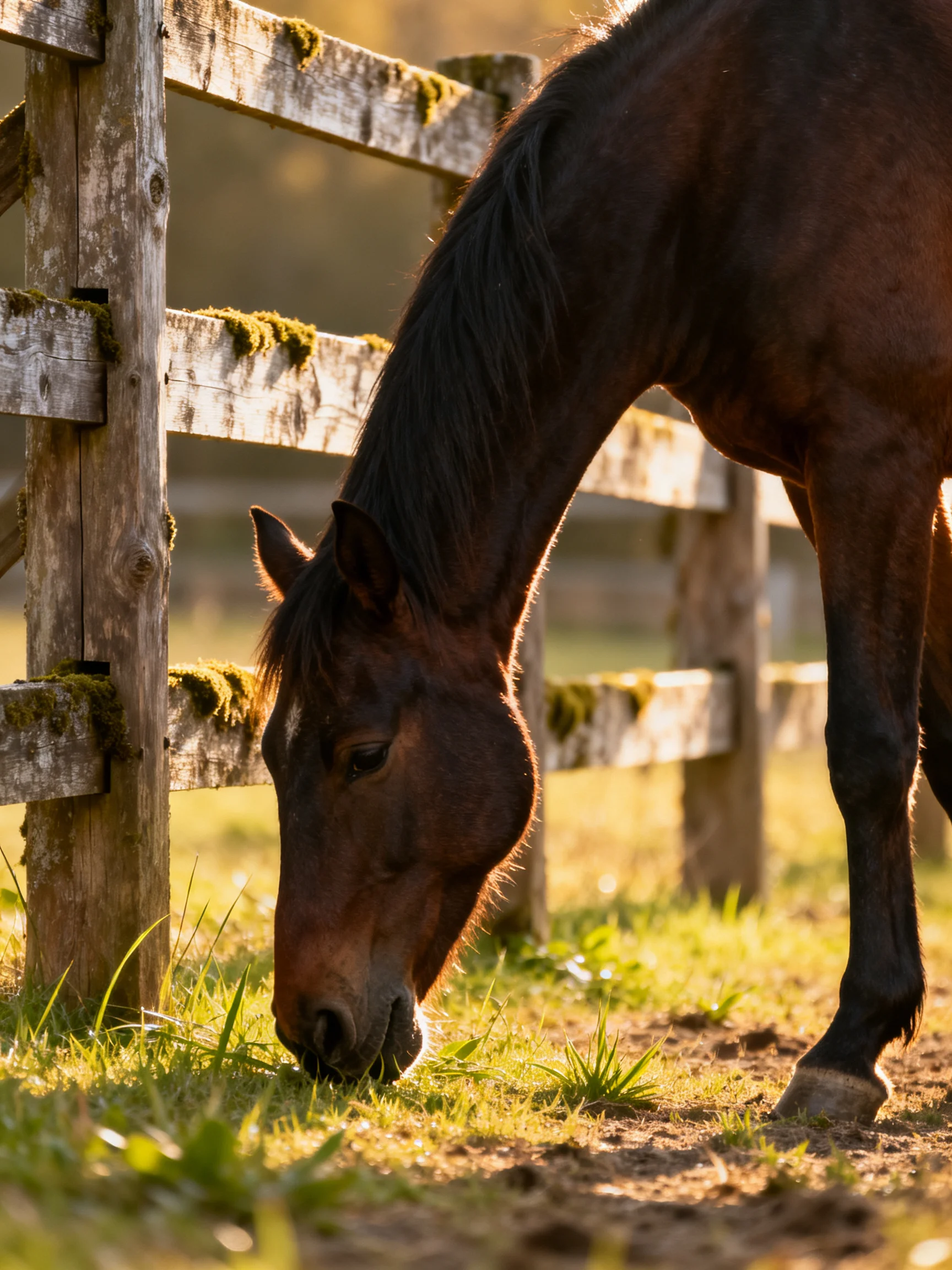 A dark brown horse grazes beside an old wooden fence with moss