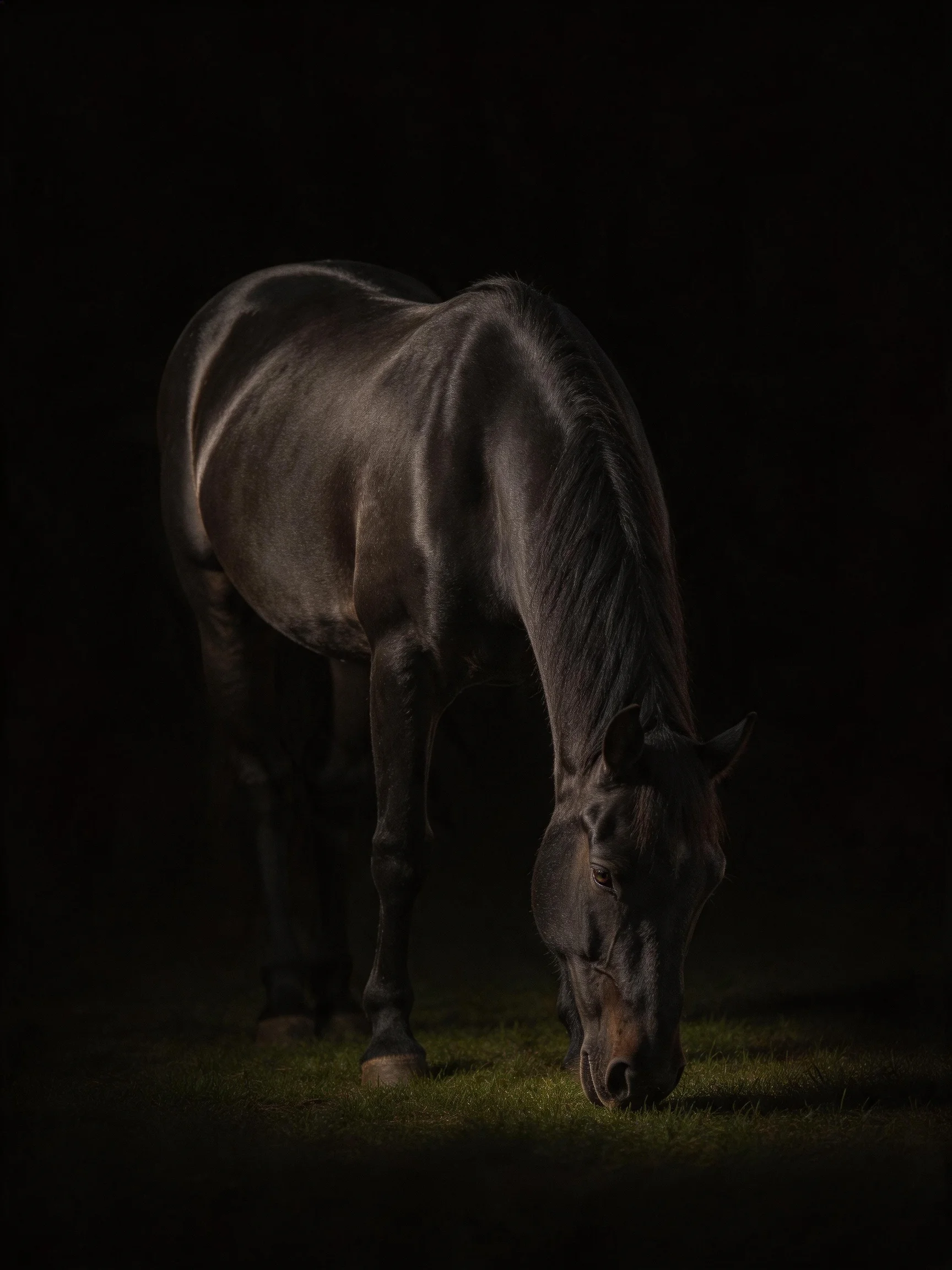 A dark brown horse grazes in a dimly lit environment