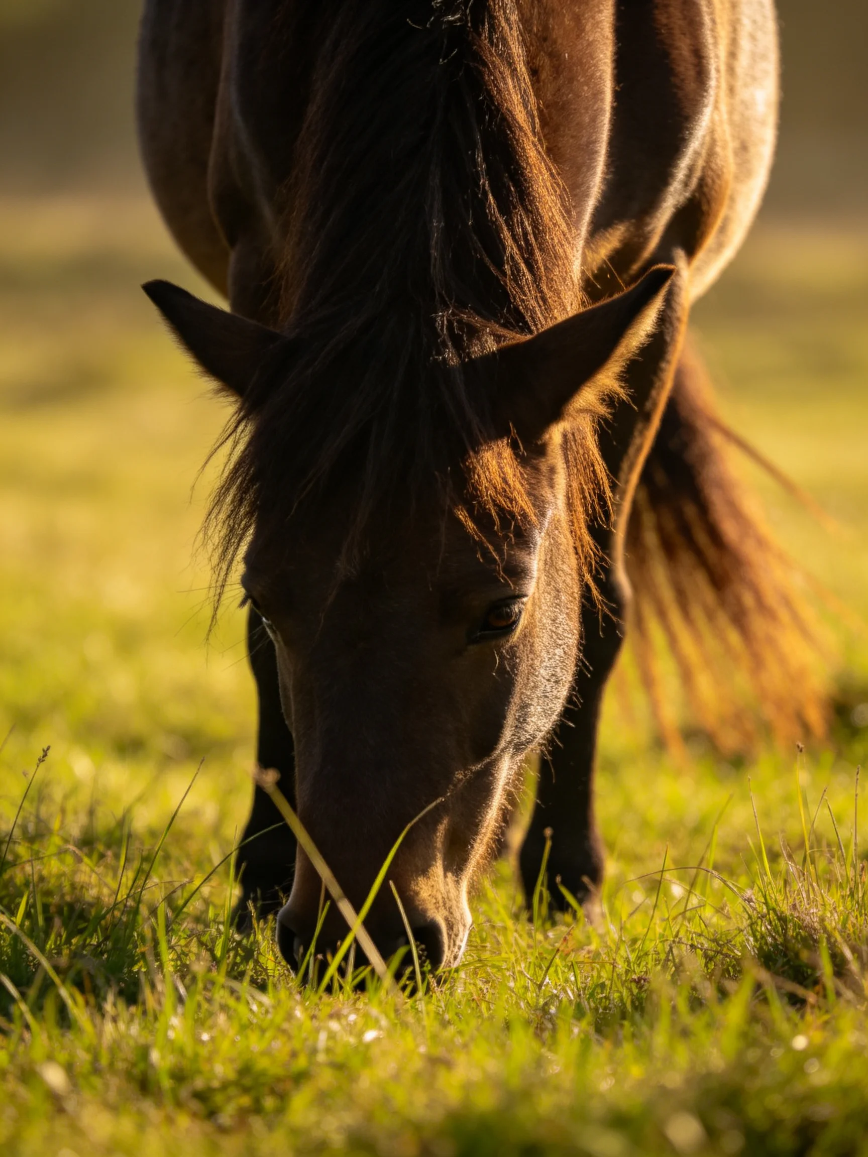 A dark brown horse grazes peacefully in a sunlit meadow.
