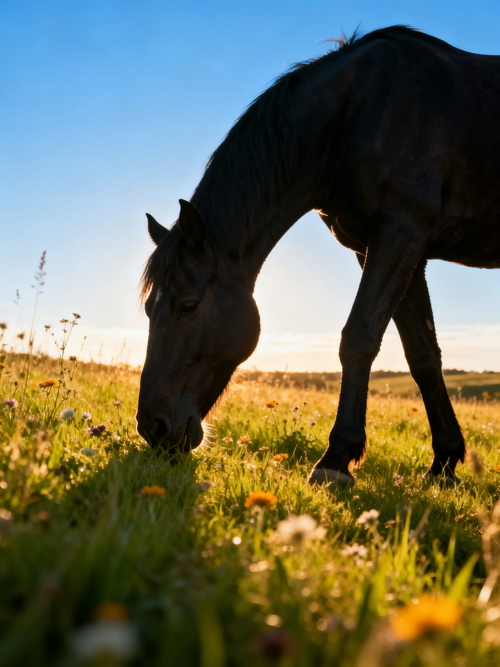 A dark brown horse peacefully grazes among wildflowers in a sunlit meadow.
