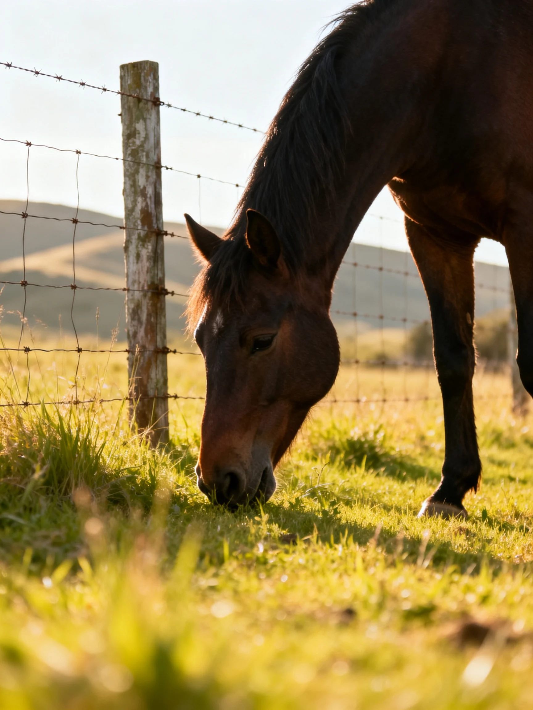 A dark brown horse grazing near a barbed wire fence in golden light