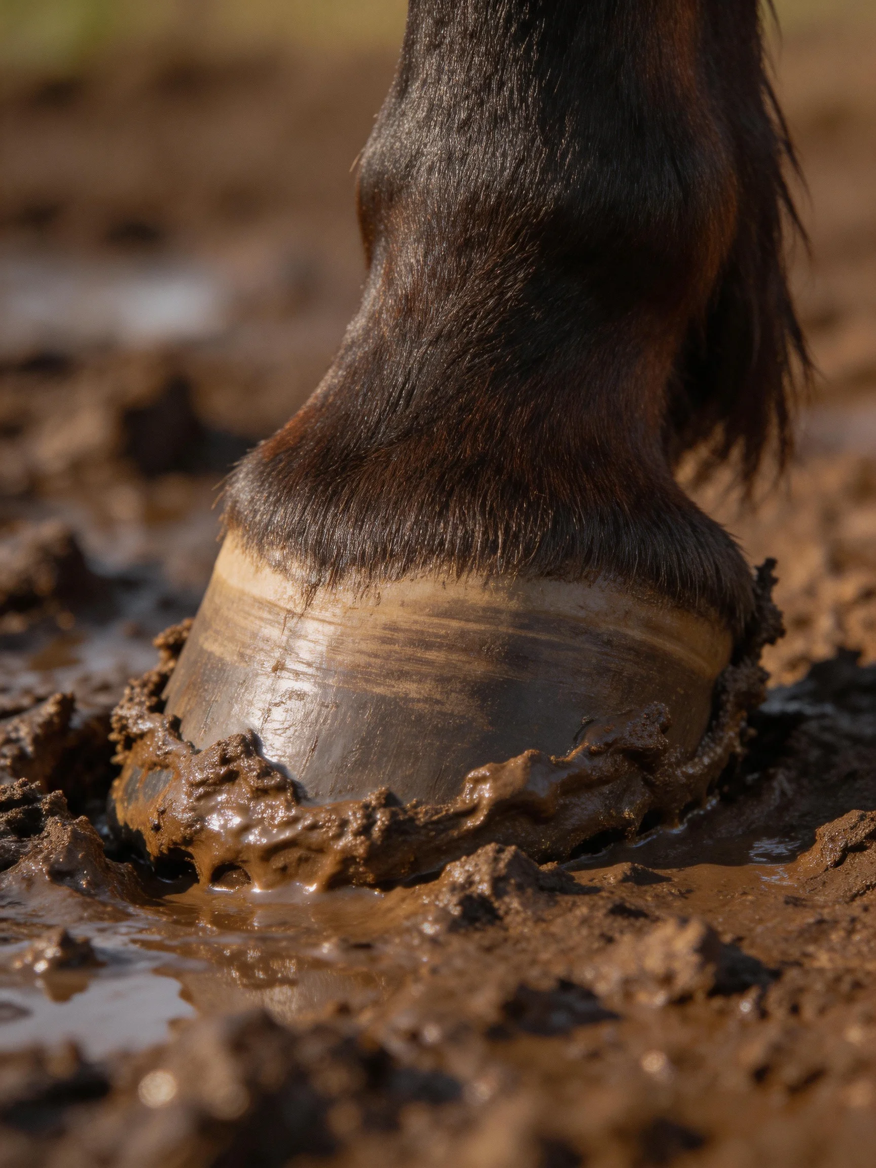 A dark brown horse hoof embedded in thick muddy ground