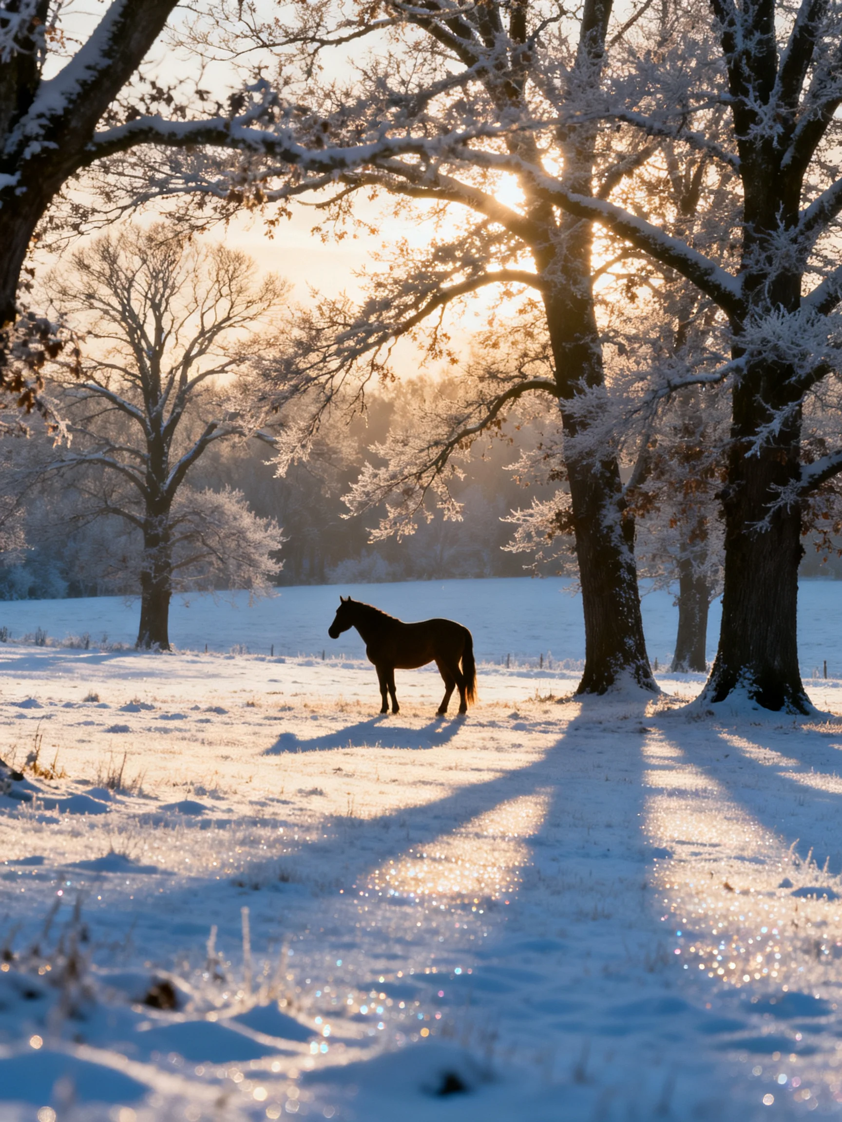 A dark brown horse in a frosty, snow-covered forest clearing