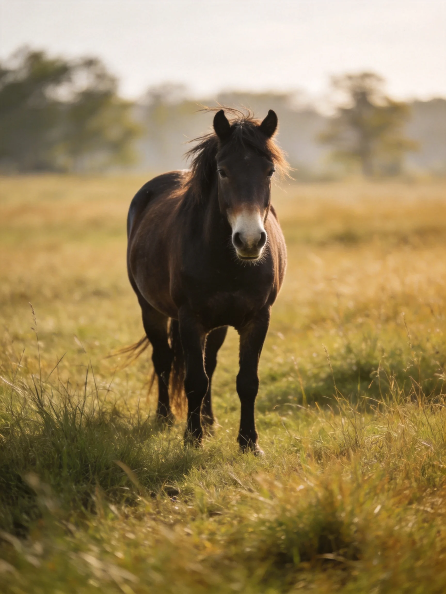 A dark brown horse in a sun-drenched golden meadow