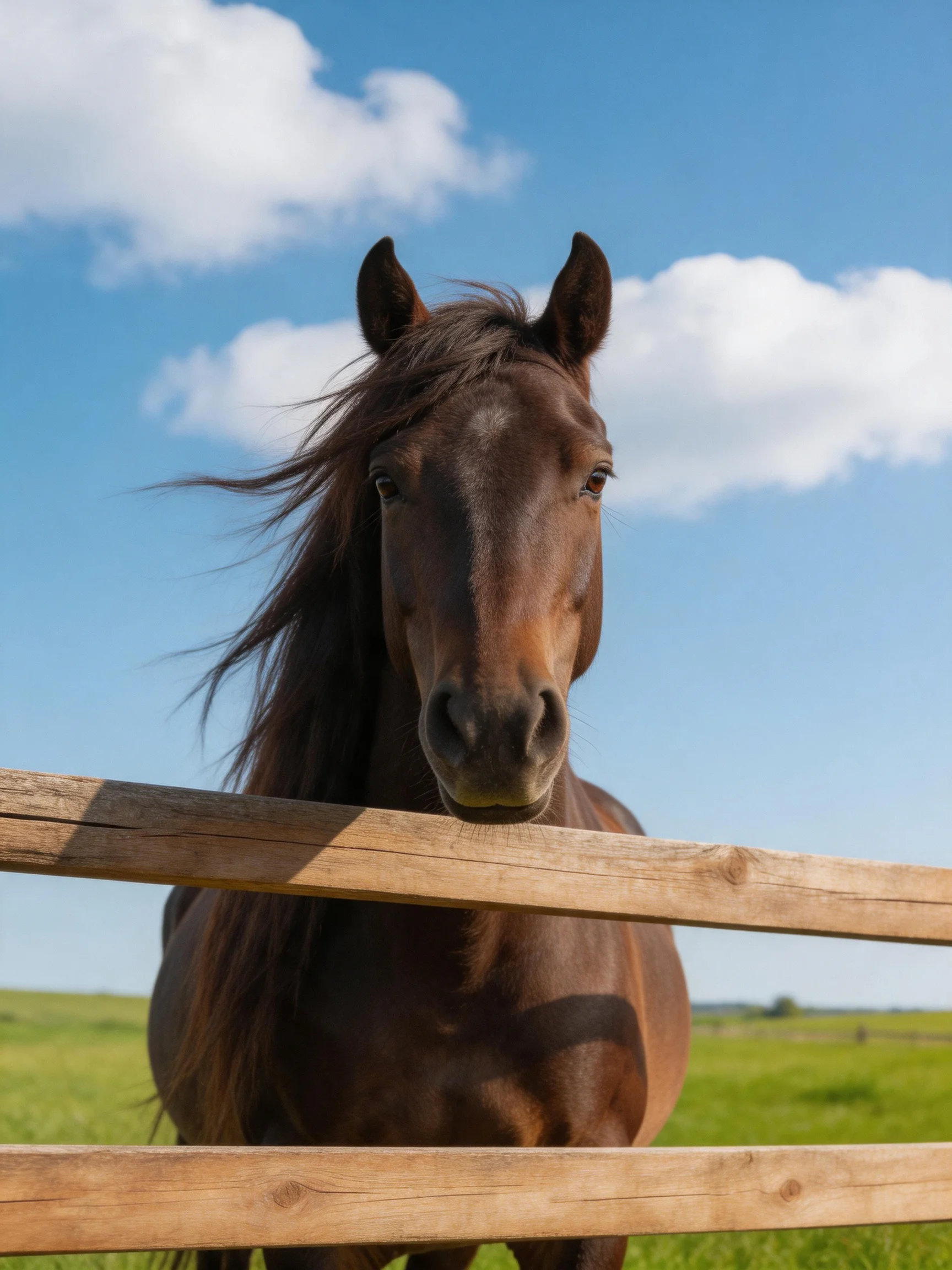 A brown horse stands beside a wooden fence in a green field.