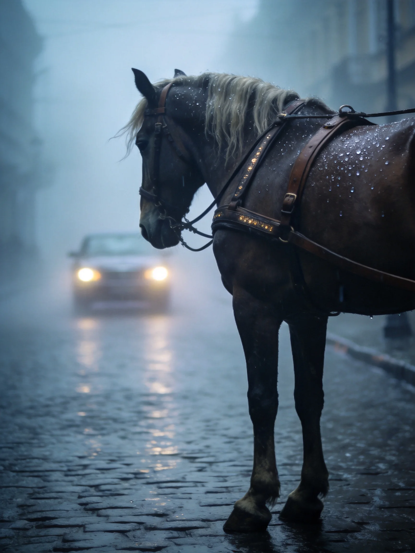 A dark brown horse on a wet cobblestone street amid rain and fog