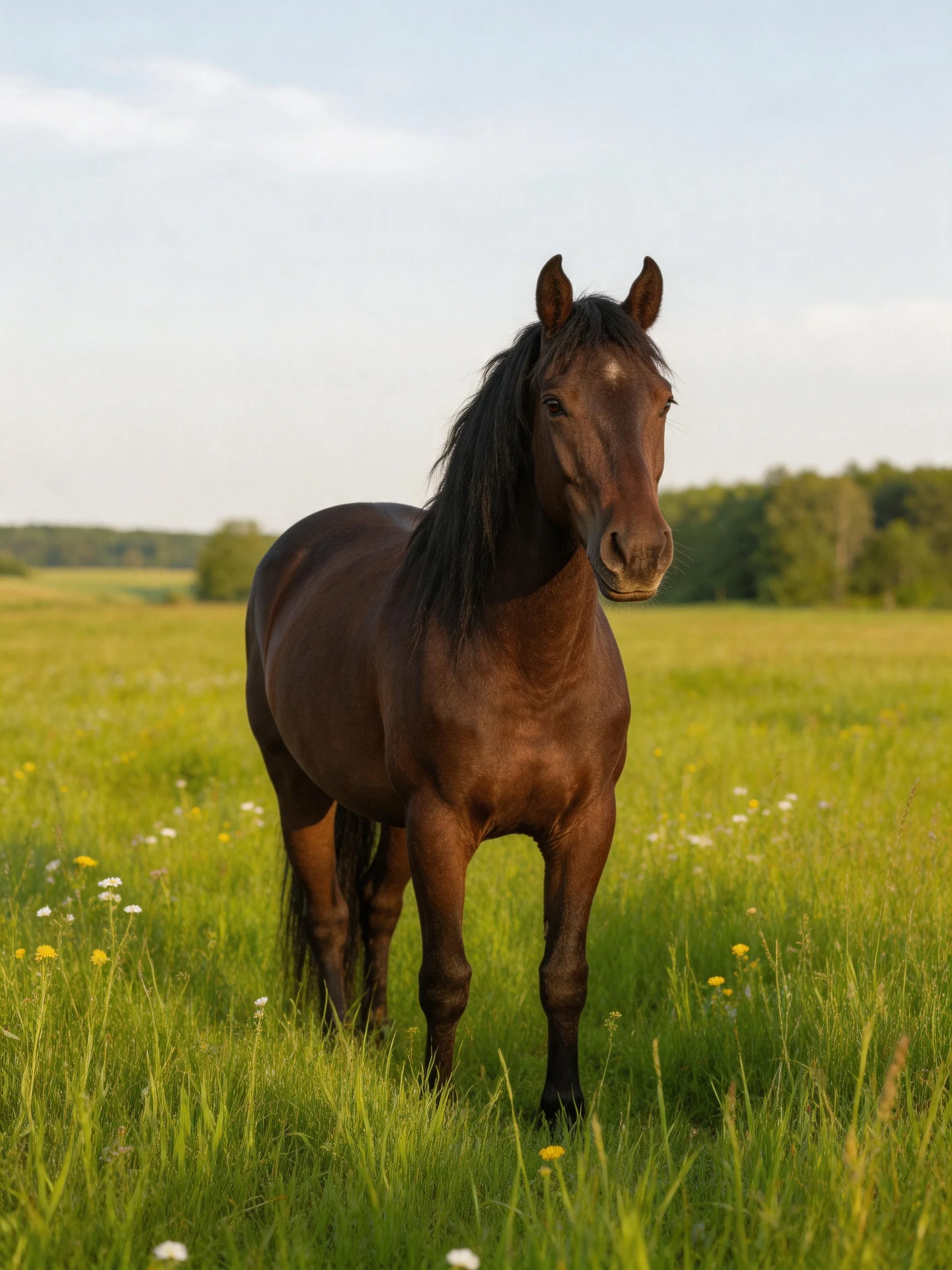 A brown horse stands in a sunlit meadow with tall grass and wildflowers