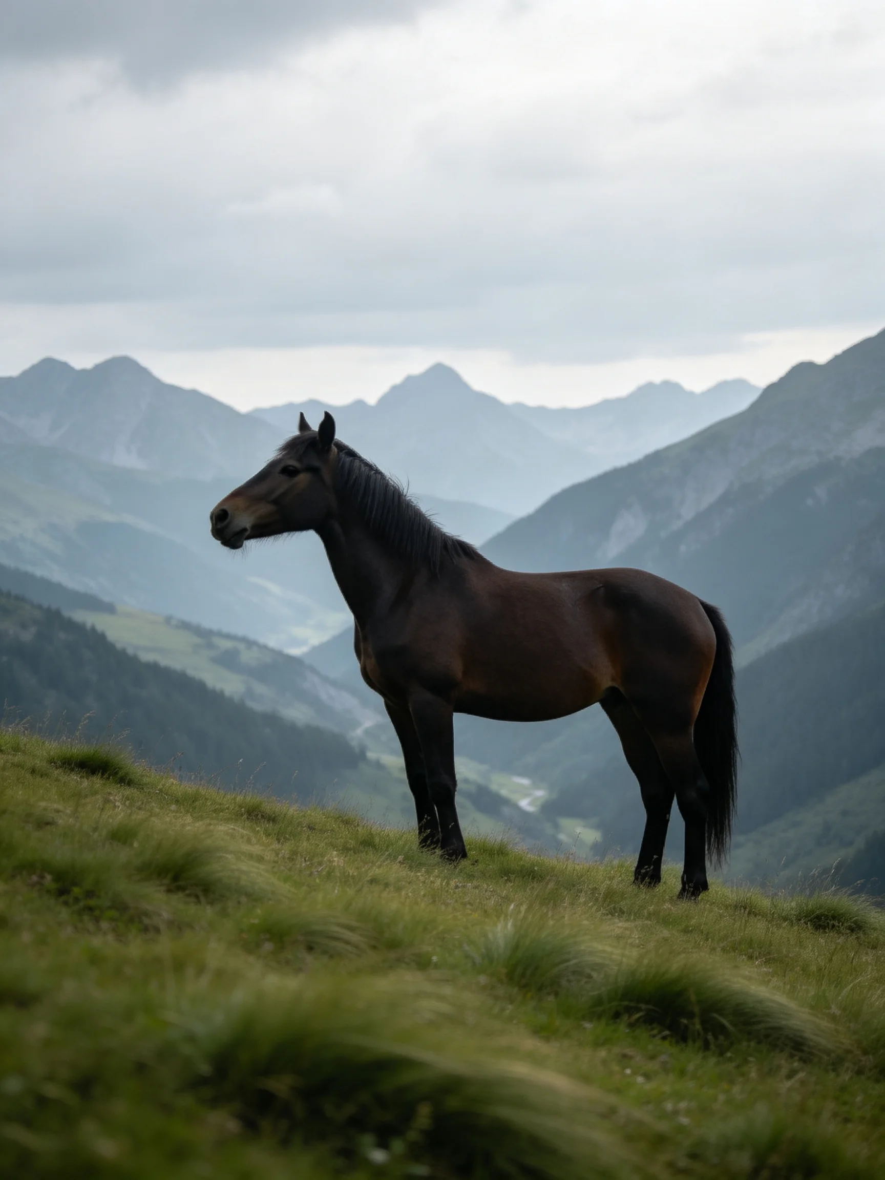 A dark brown horse stands on a grassy hill overlooking misty mountains.
