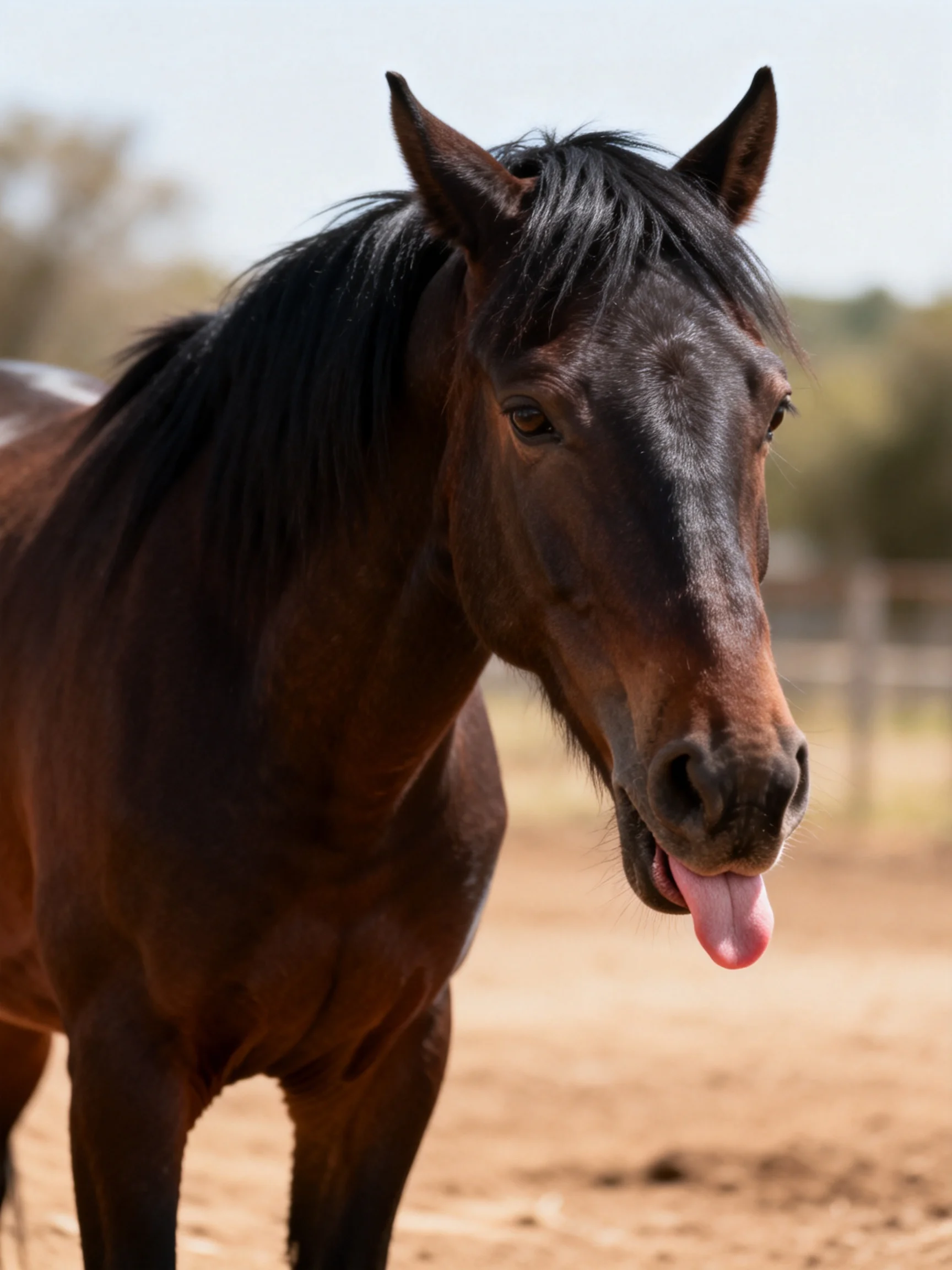 A dark brown horse sticks out its tongue in an outdoor area.
