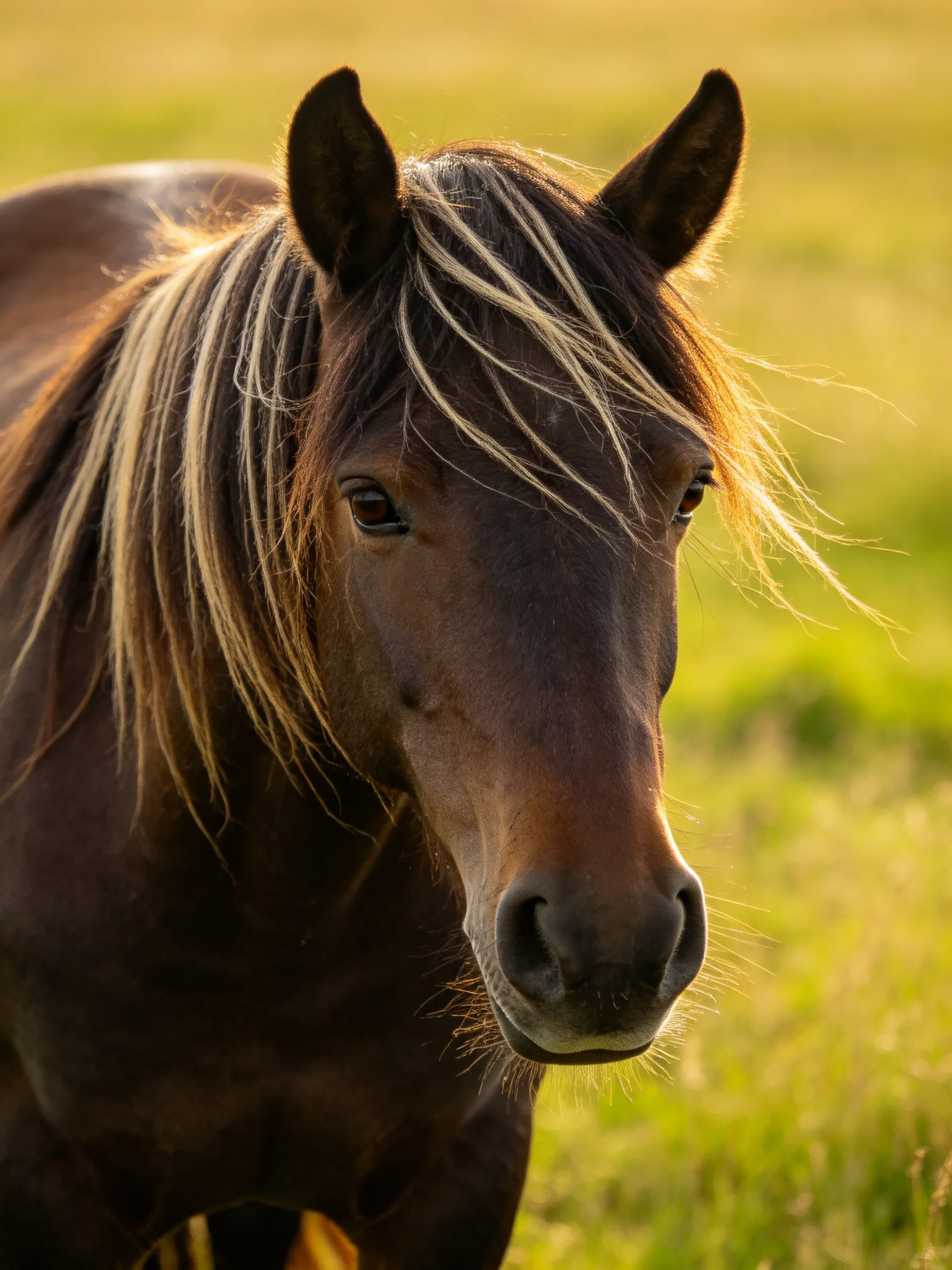 A dark brown horse with a blonde mane in a sunlit meadow
