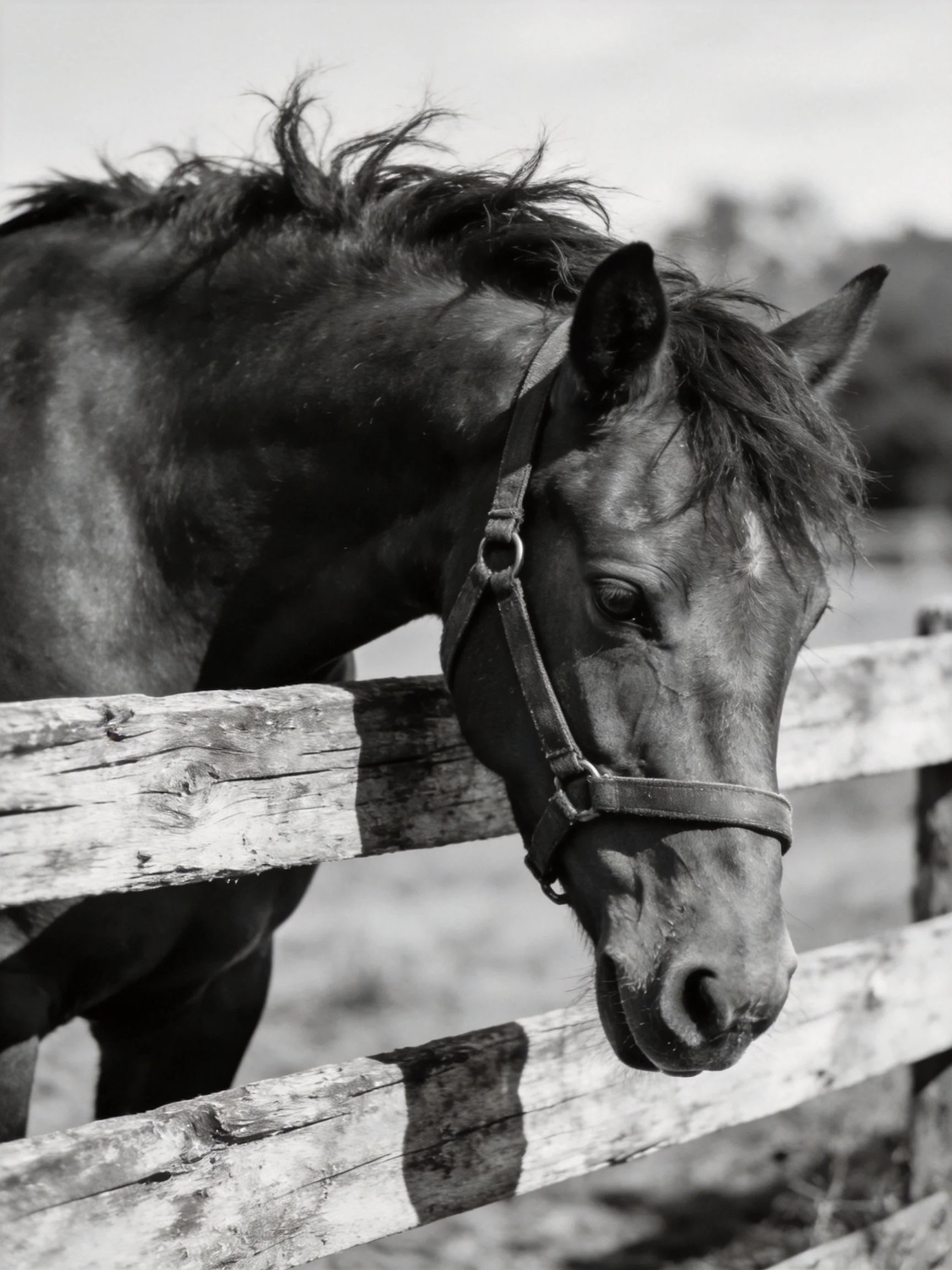 A dark brown horse with a bridle leans over an aged wooden fence