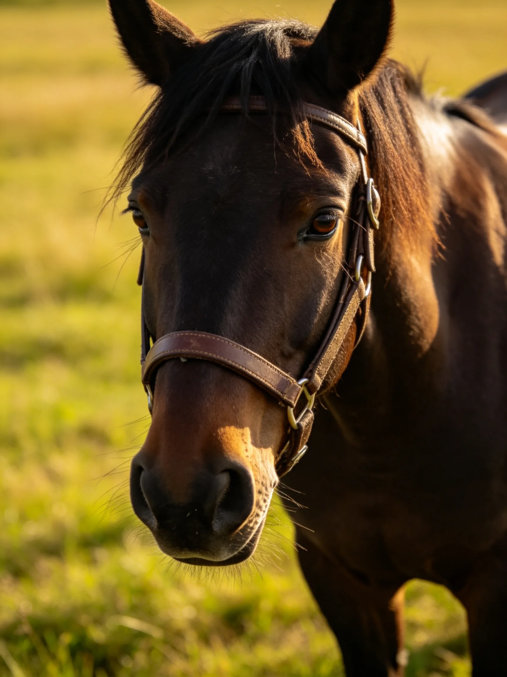 A dark brown horse with a leather bridle in a sunlit meadow