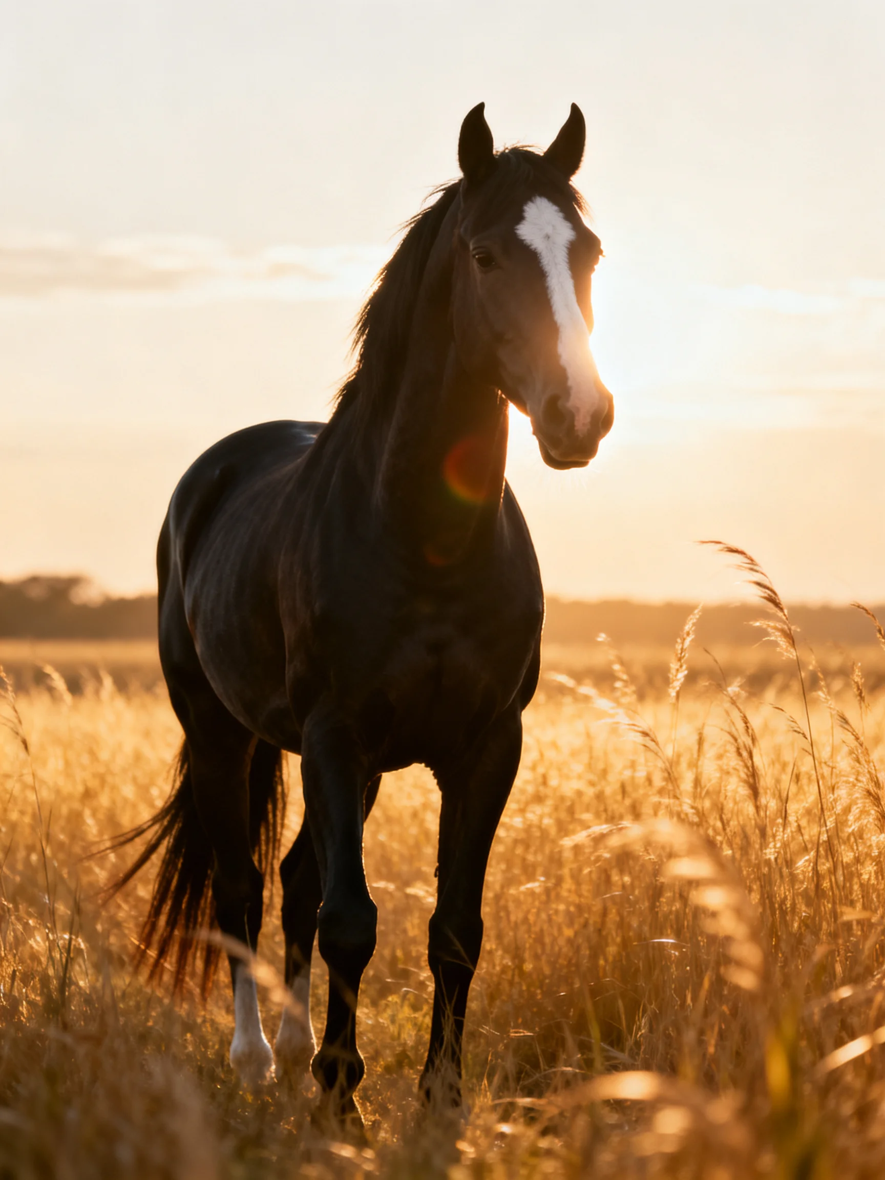 A dark brown horse with a white blaze in a golden field at sunset